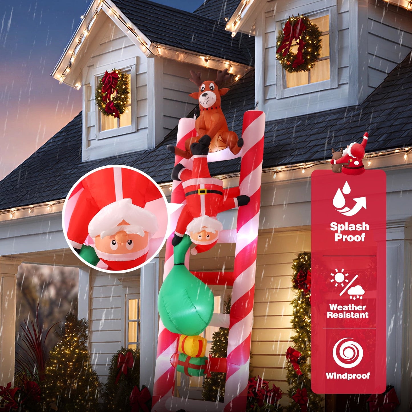 Ayieyill 10FT Christmas Inflatables Outdoor Decoration, Giant Ladder to Chimney Climbed with Reindeer Santa Snowman for Christmas Blow up Yard Decorations