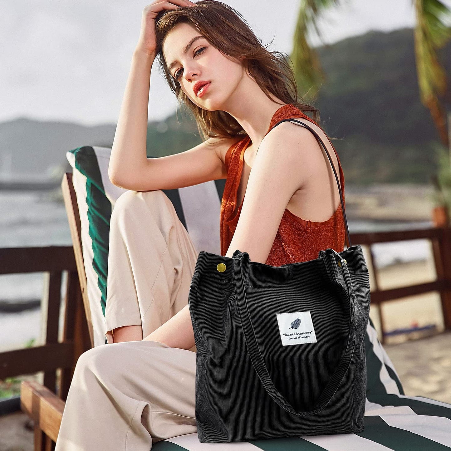 Ayieyill Corduroy Tote Bag Large for Women Girl Lady Canvas Shoulder Cord Purse and Handbags with Inner Pocket
