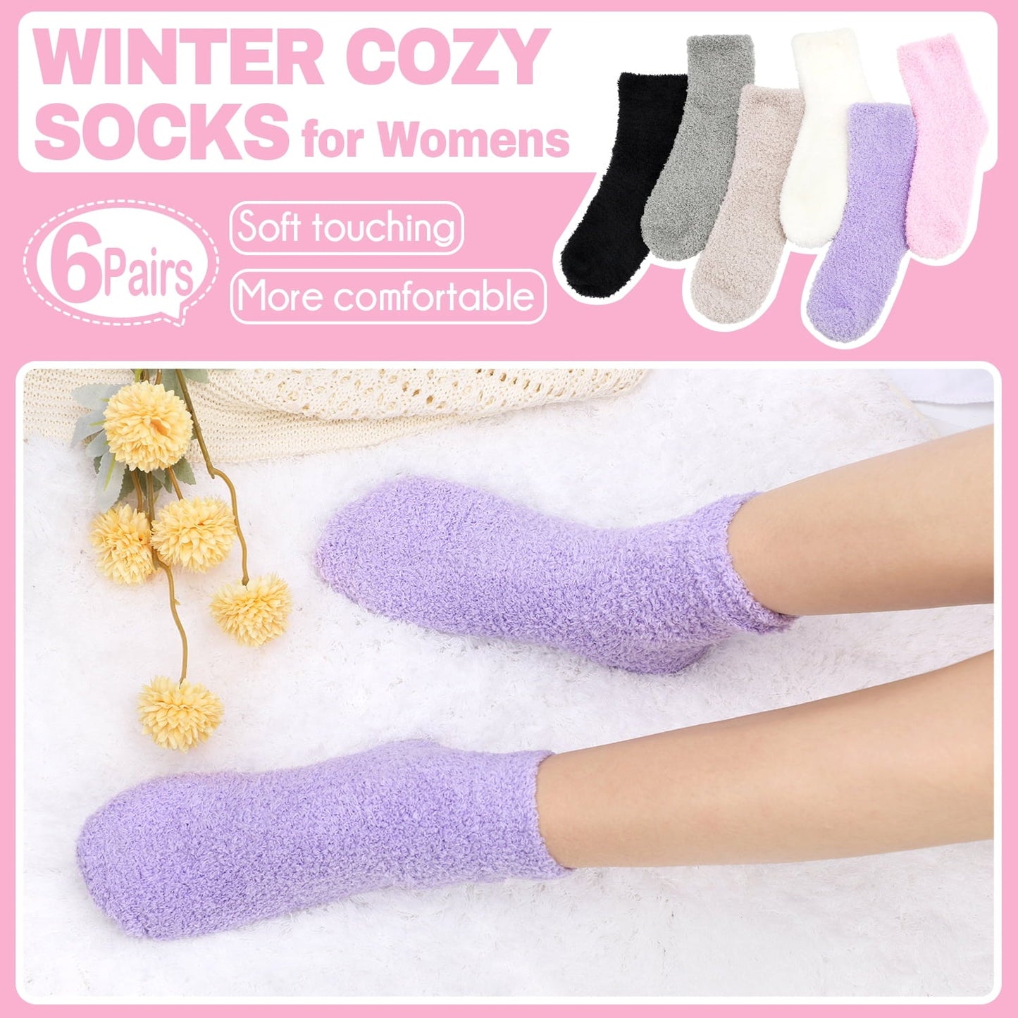 Ayieyill Fuzzy Socks for Women, 6 Pairs Plush Slipper Socks Women, Warm Soft Fluffy Socks Thick Cozy Plush Sock Winter Christmas Socks for Women