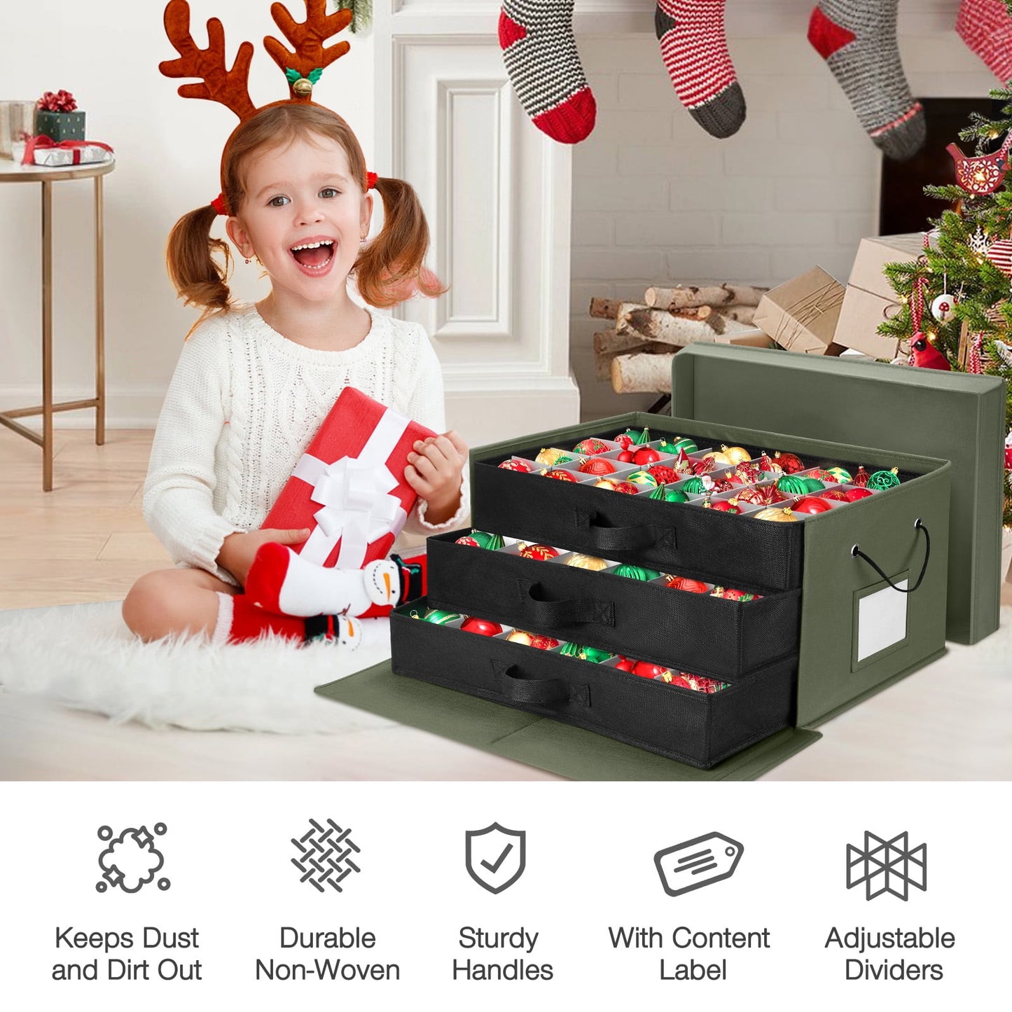 Ayieyill Premium Large Christmas Ornament Storage Box, Christmas Ornament Organizer, with Side Open, 3 Removable Trays - Keeps 72 Holiday Ornaments