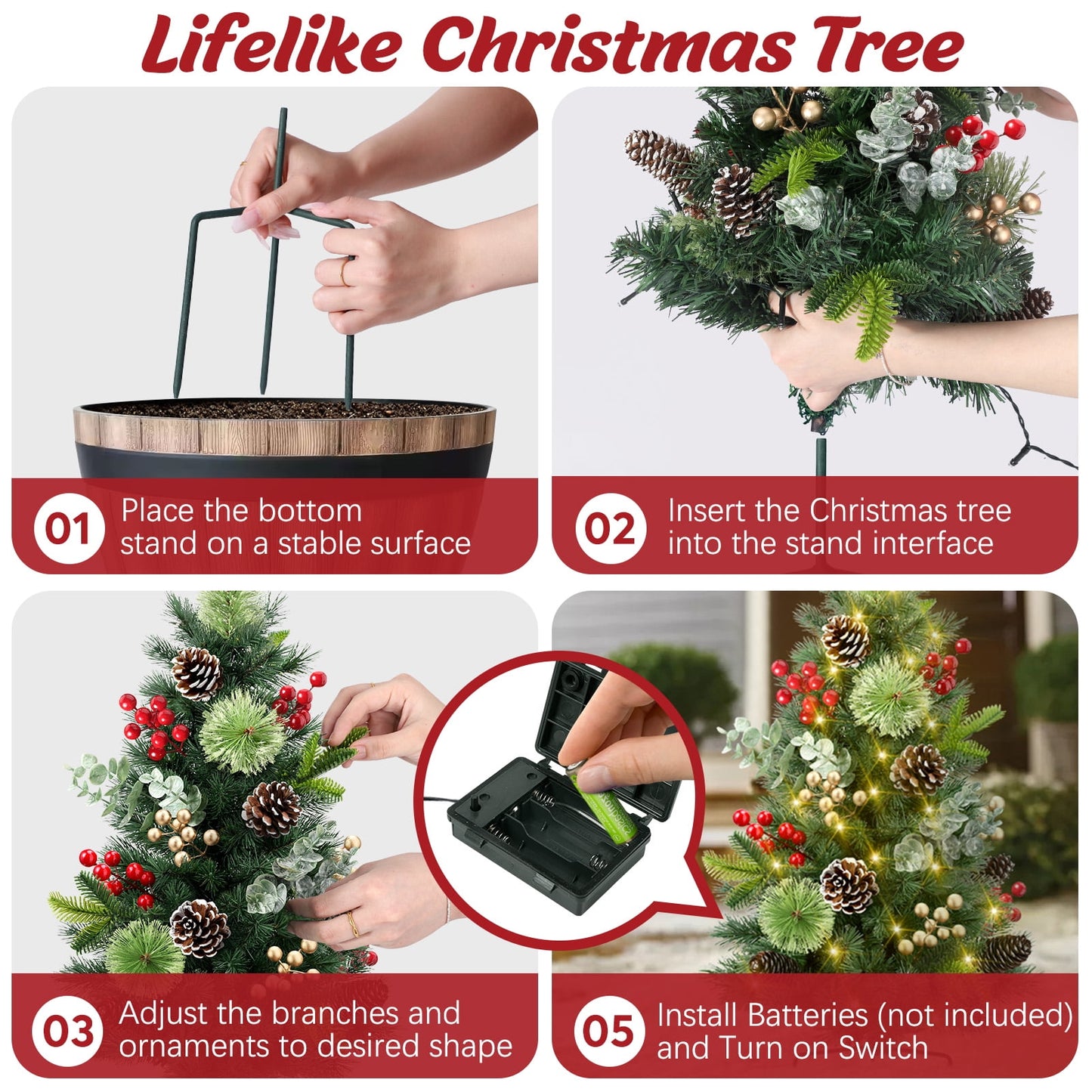 Ayieyill Set of 2 29in Outdoor Pathway Christmas Trees, Holiday Decor for Driveway, Yard, Garden w/LED Lights, Berries, Pine Cones, Ornaments