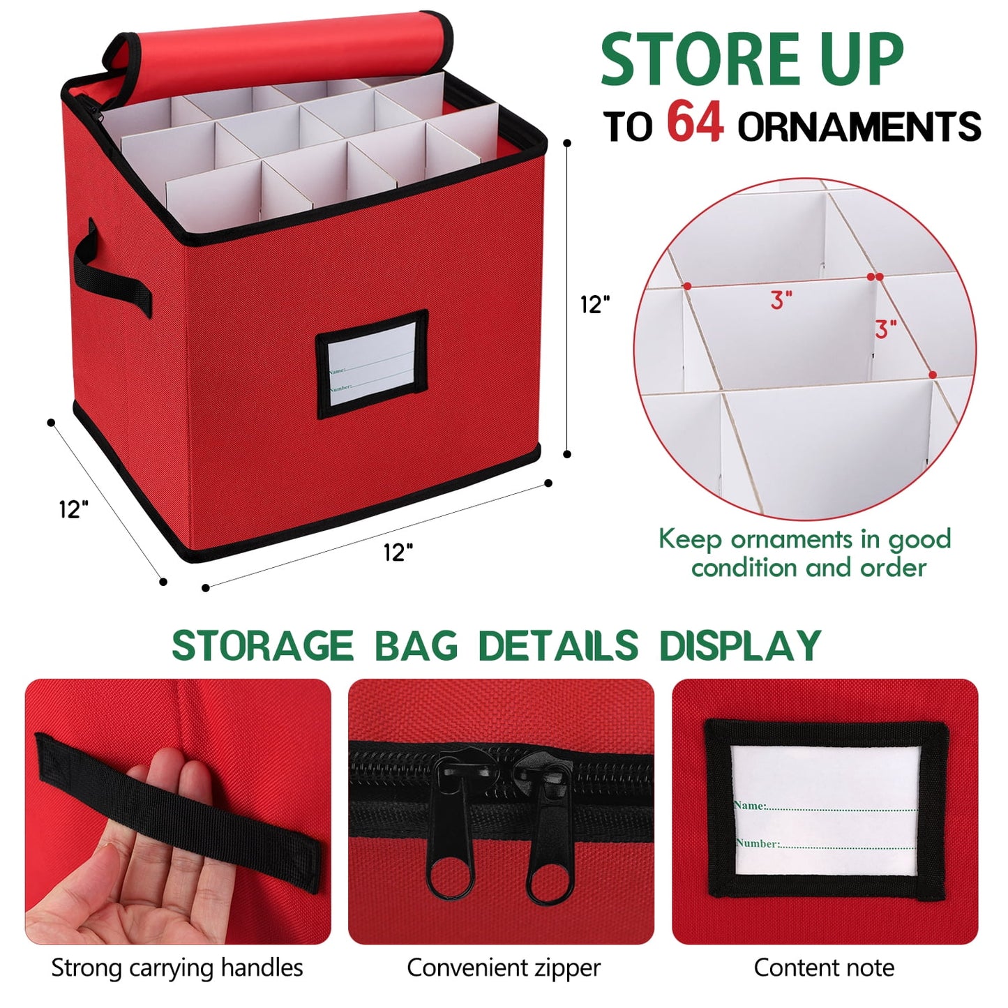 Ayieyill Premium Red Christmas Ornament Storage Chest, Ornament Storage Box Ornament Organizer Holds 64 Balls w/ Dividers , (L) 12''x (W) 12''x (H) 12''