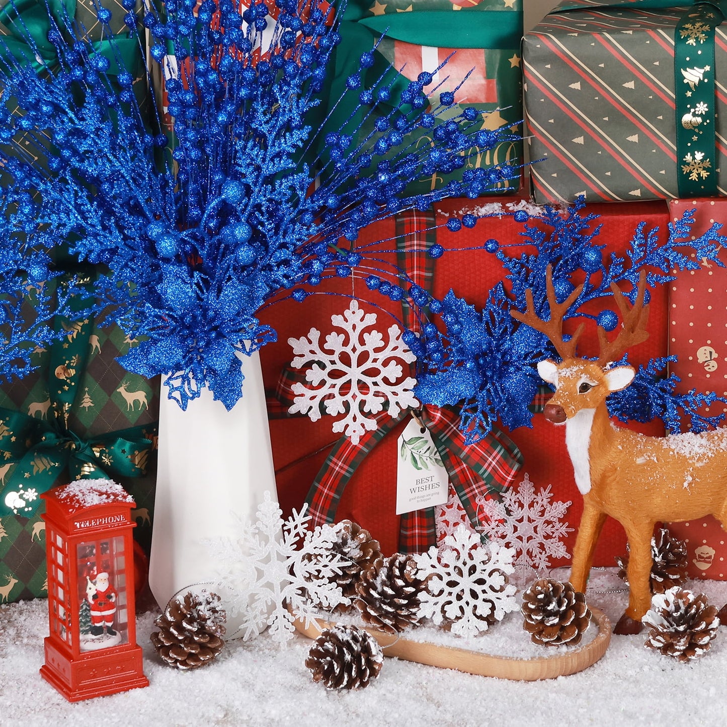 Ayieyill 84Pcs Christmas Tree Decorations Flowers, Artificial Glitter Berry Stems Christmas Pine Cones, Snowflake Icicle Drop Crystal Ornaments
