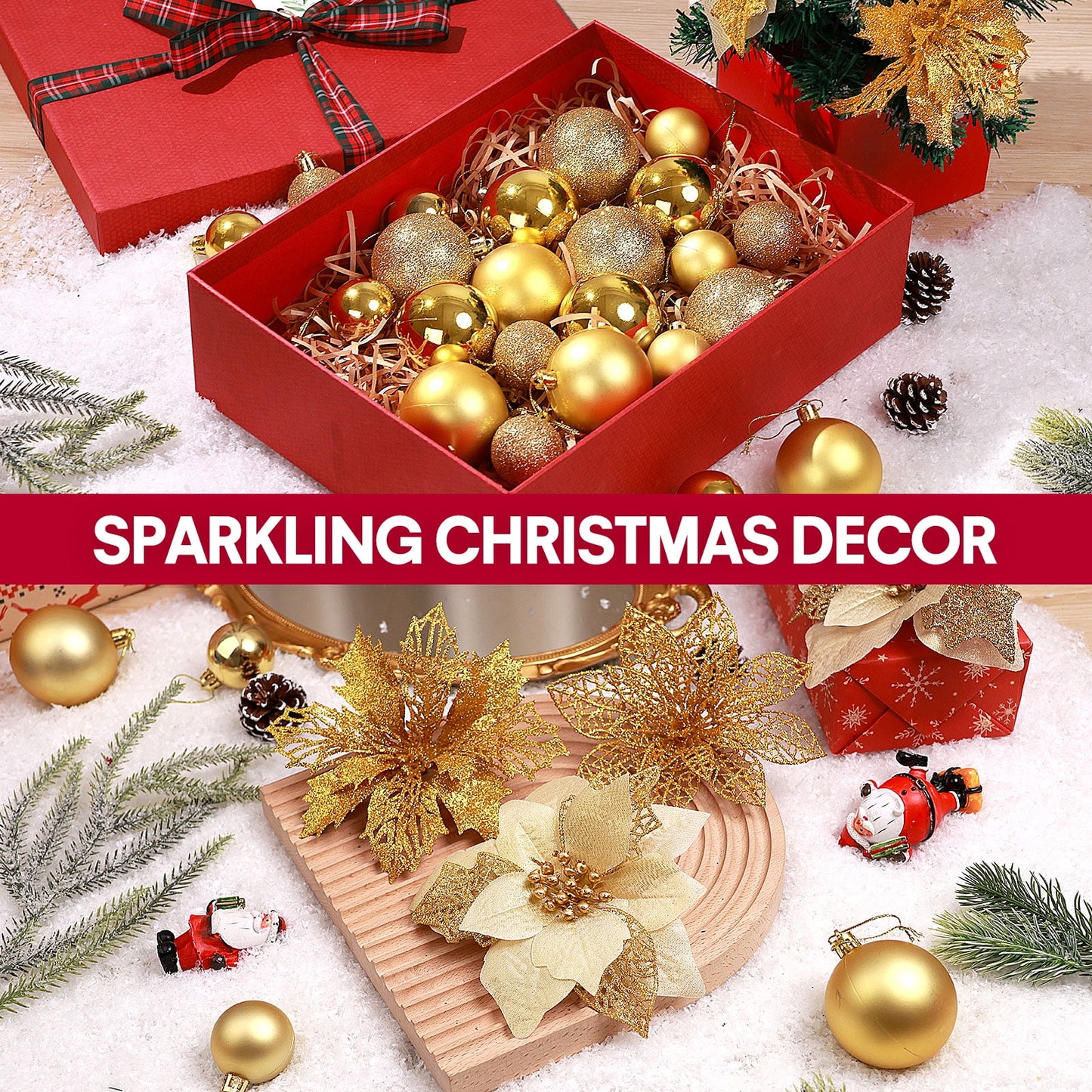 Ayieyill 92Pcs Christmas Tree Decorations Includes Poinsettia Christmas Flowers, Ball Ornaments, Artificial Glitter Berry Stems, Snowflake and Icicle Drop Crystal Ornaments