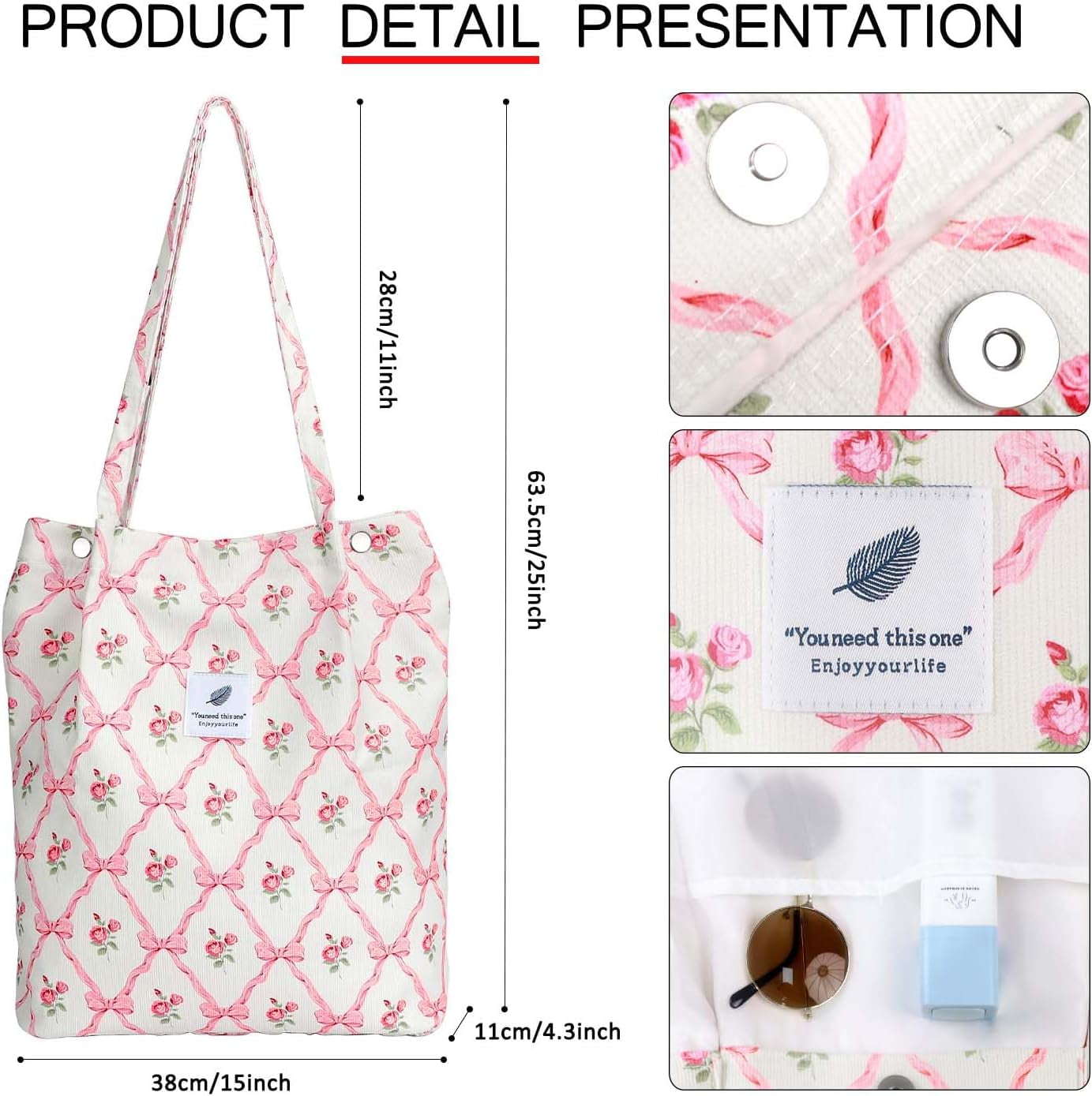 Ayieyill Corduroy Tote Bag Large for Women Girl Lady Canvas Shoulder Cord Purse and Handbags with Inner Pocket