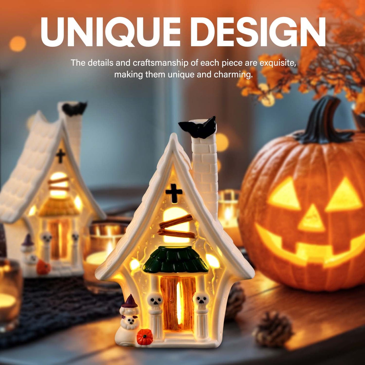 Ayieyll 2Pcs Pre-Lit Ceramic Halloween Village Halloween Haunted House White Village Houses with Skulls & LED & Bats for Halloween Table Decorations
