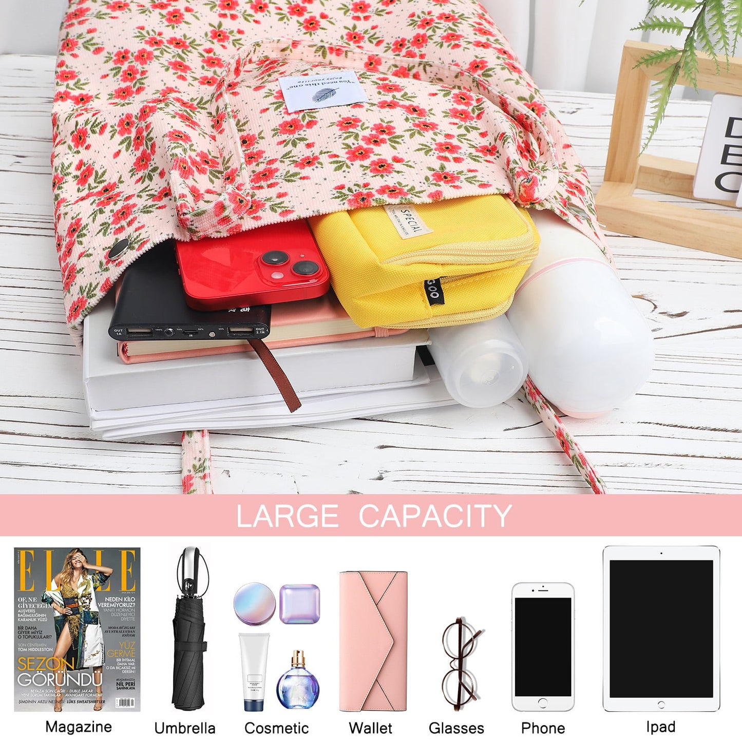 Ayieyill Corduroy Tote Bag Large for Women Girl Lady Canvas Shoulder Cord Purse and Handbags with Inner Pocket