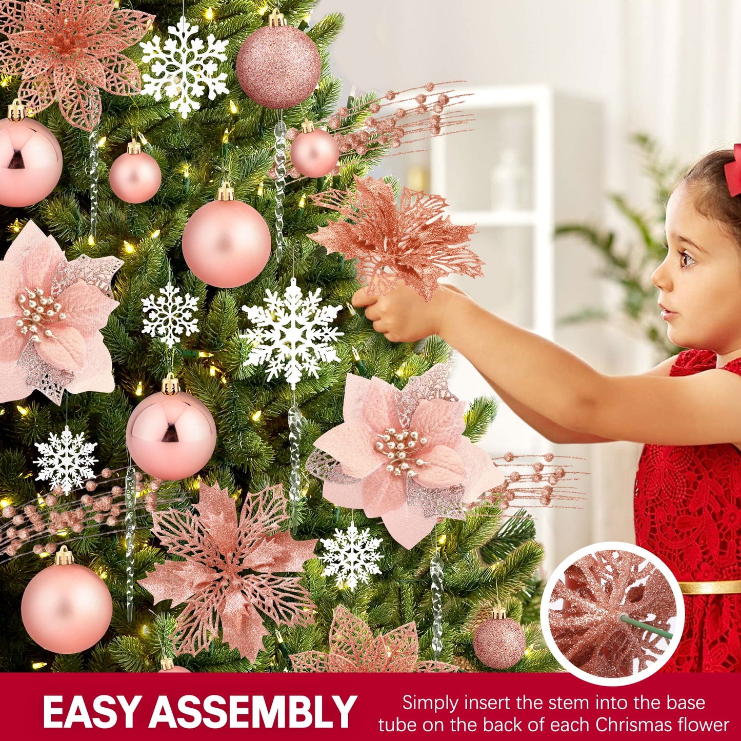 Ayieyill 92Pcs Christmas Tree Decorations Includes Poinsettia Christmas Flowers, Ball Ornaments, Artificial Glitter Berry Stems, Snowflake and Icicle Drop Crystal Ornaments