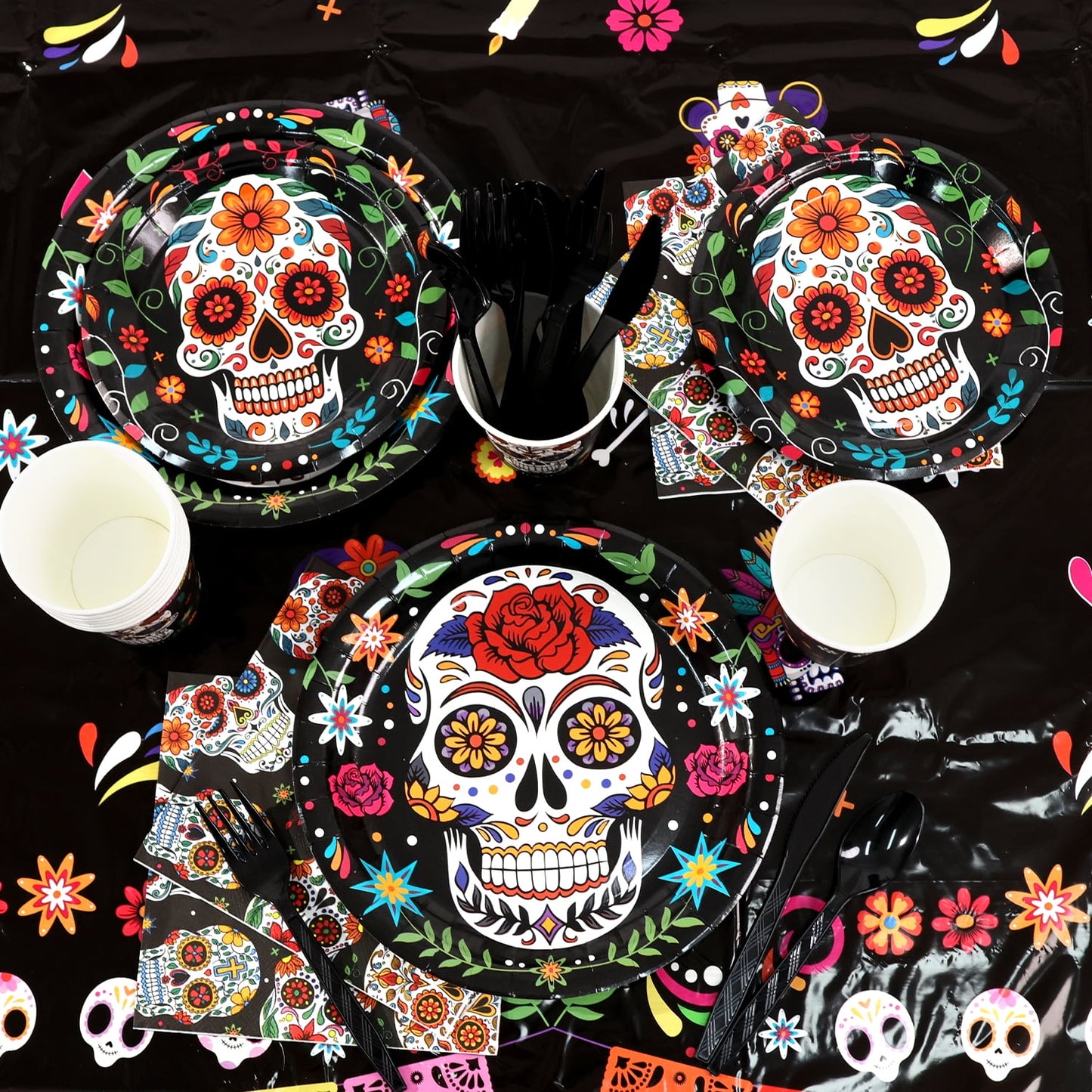 Ayieyill 170Pcs Day of the Dead Party Decorations Kit, Dia de los Party Supplies Set for 24 Guests, Includes Plates and Cups and Napkins Straws Sets