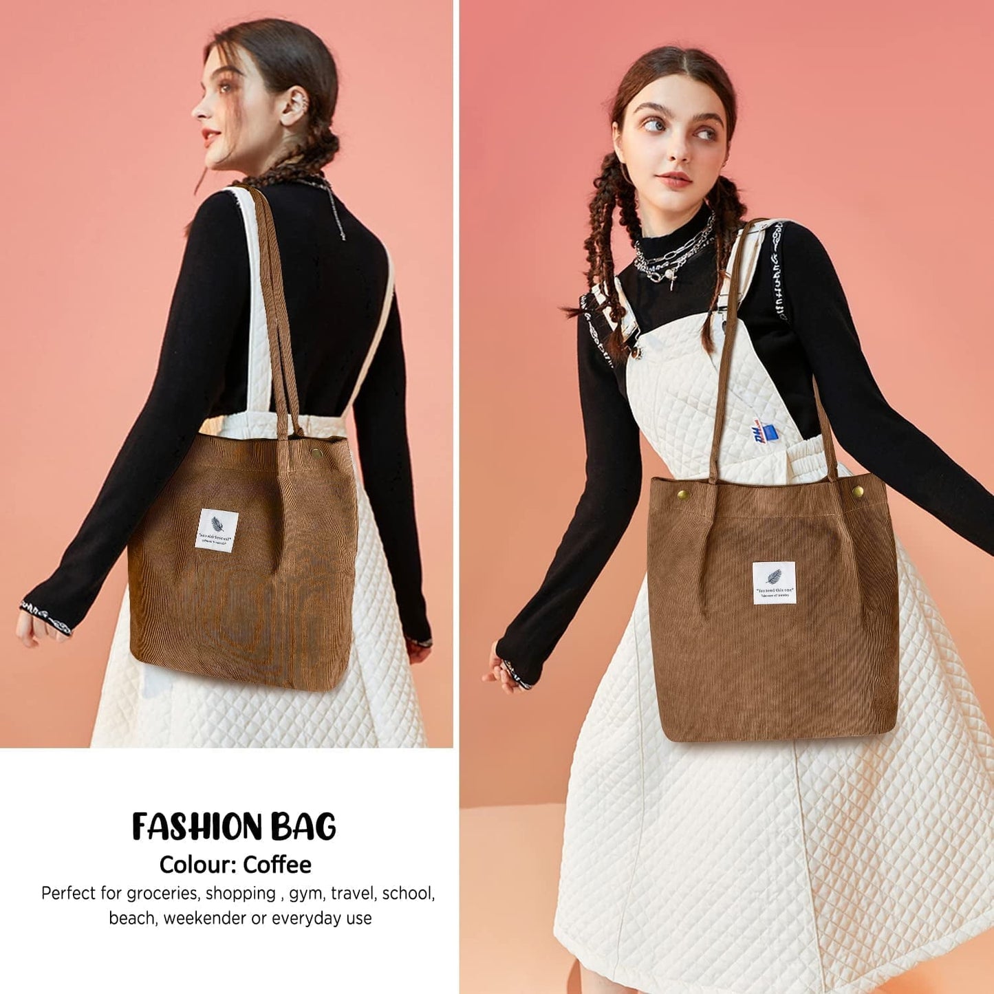Ayieyill Corduroy Tote Bag Large for Women Girl Lady Canvas Shoulder Cord Purse and Handbags with Inner Pocket