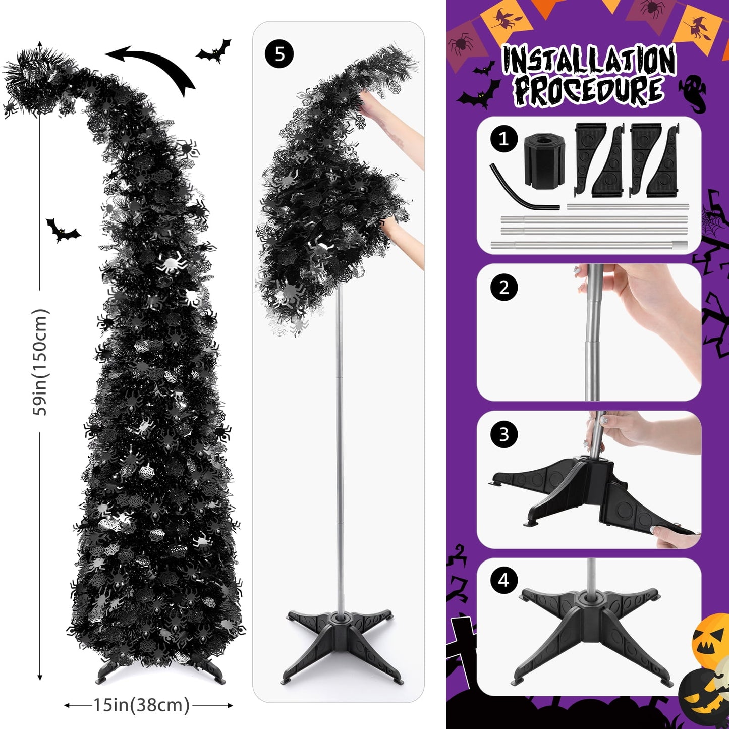 Ayieyill 5ft Halloween Tree Prelit, Pencil Pop up Tree with Light Halloween Decoration | Indoor