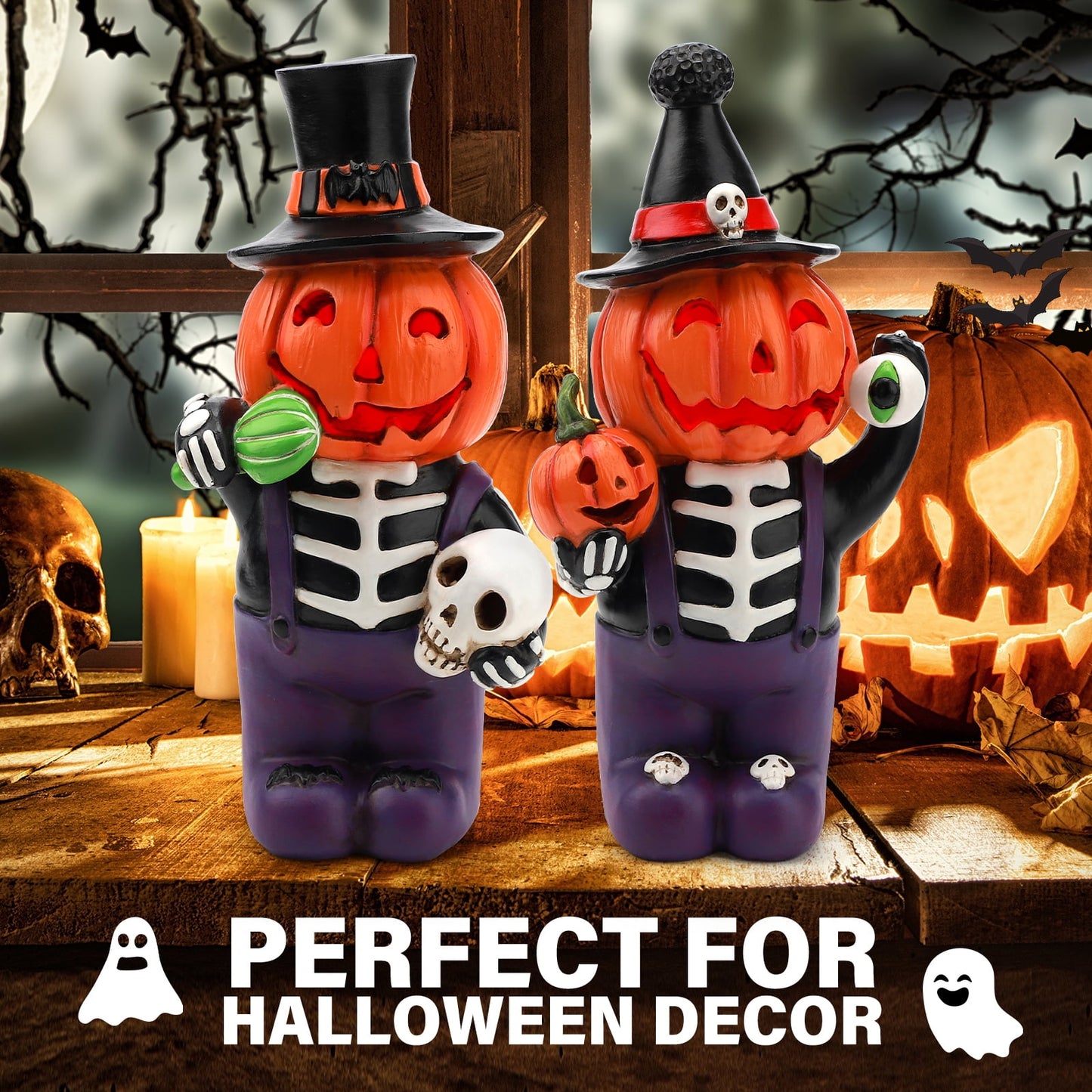 Ayieyill 2pcs Halloween Cat and Skeleton Figurines Halloween Decorations for Table or Desk Cute Halloween Gifts