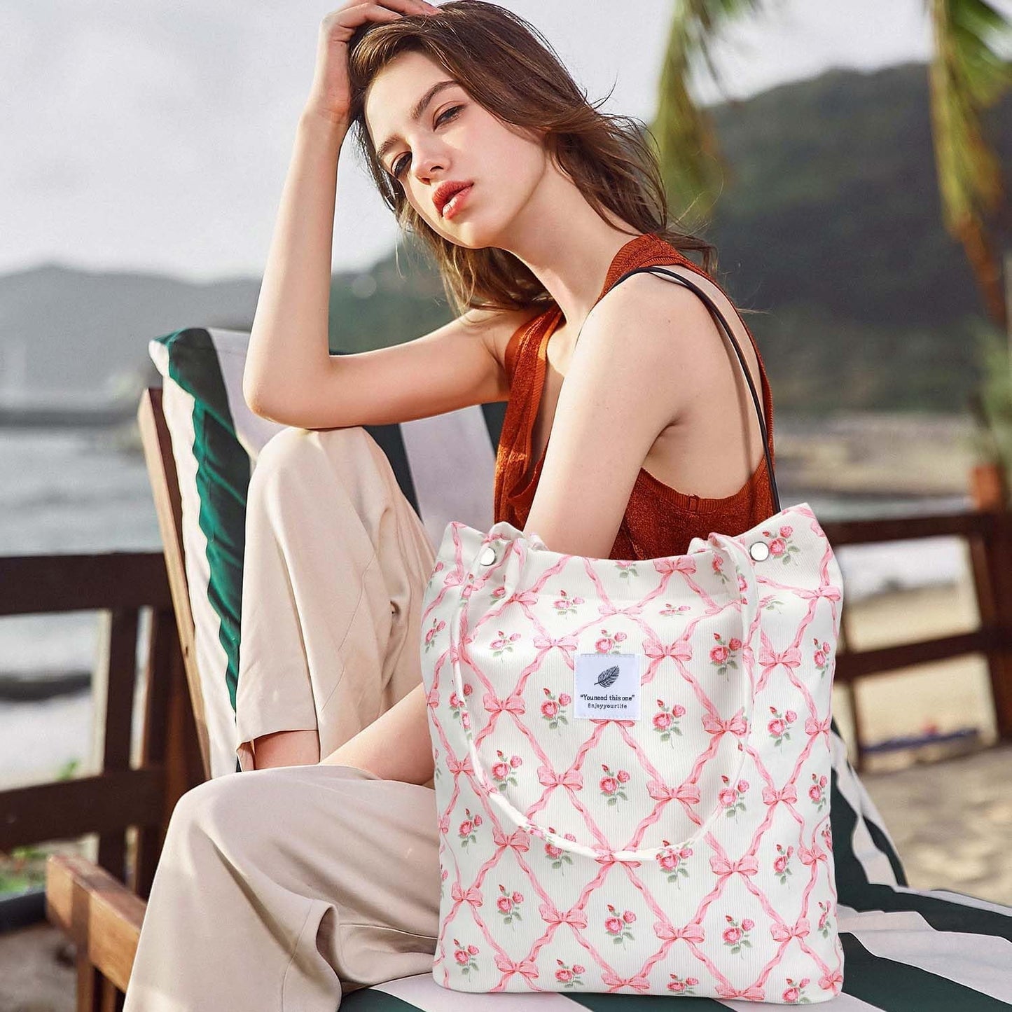 Ayieyill Corduroy Tote Bag Large for Women Girl Lady Canvas Shoulder Cord Purse and Handbags with Inner Pocket