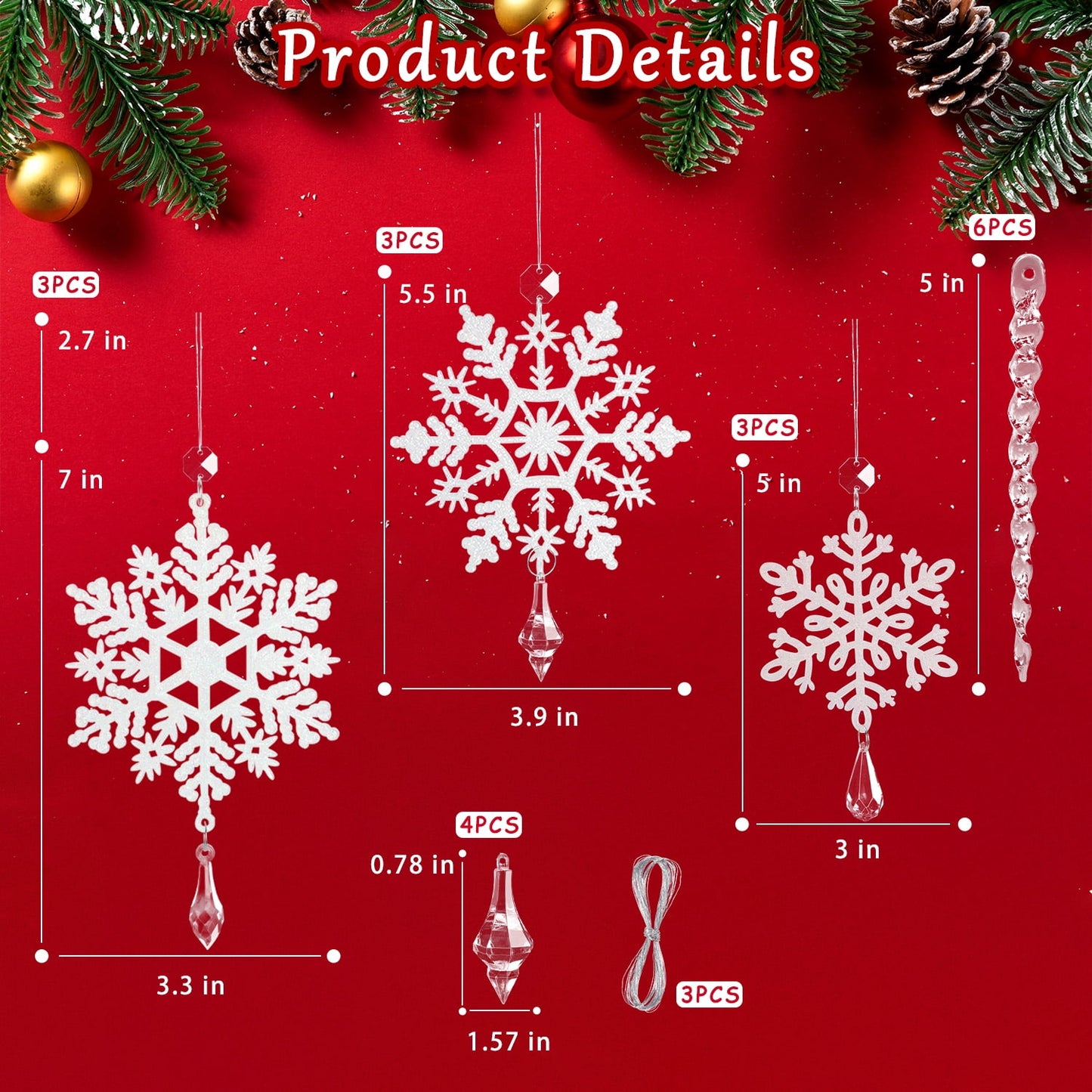 Ayieyill 24 Pieces Christmas Snowflake Drop Ornament Acrylic Icicle Christmas Hanging