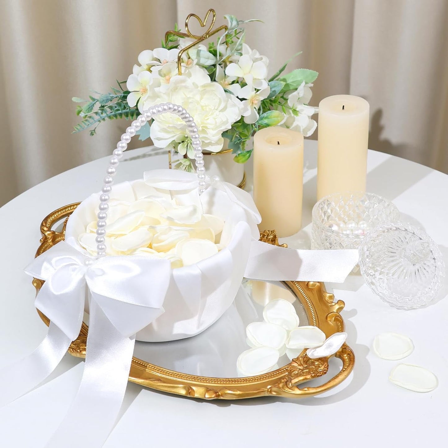 Ayieyill Wedding Baskets for Flower Girls with Pearl Handle Flower Girl Basket for Wedding Party (with 200 Petals)