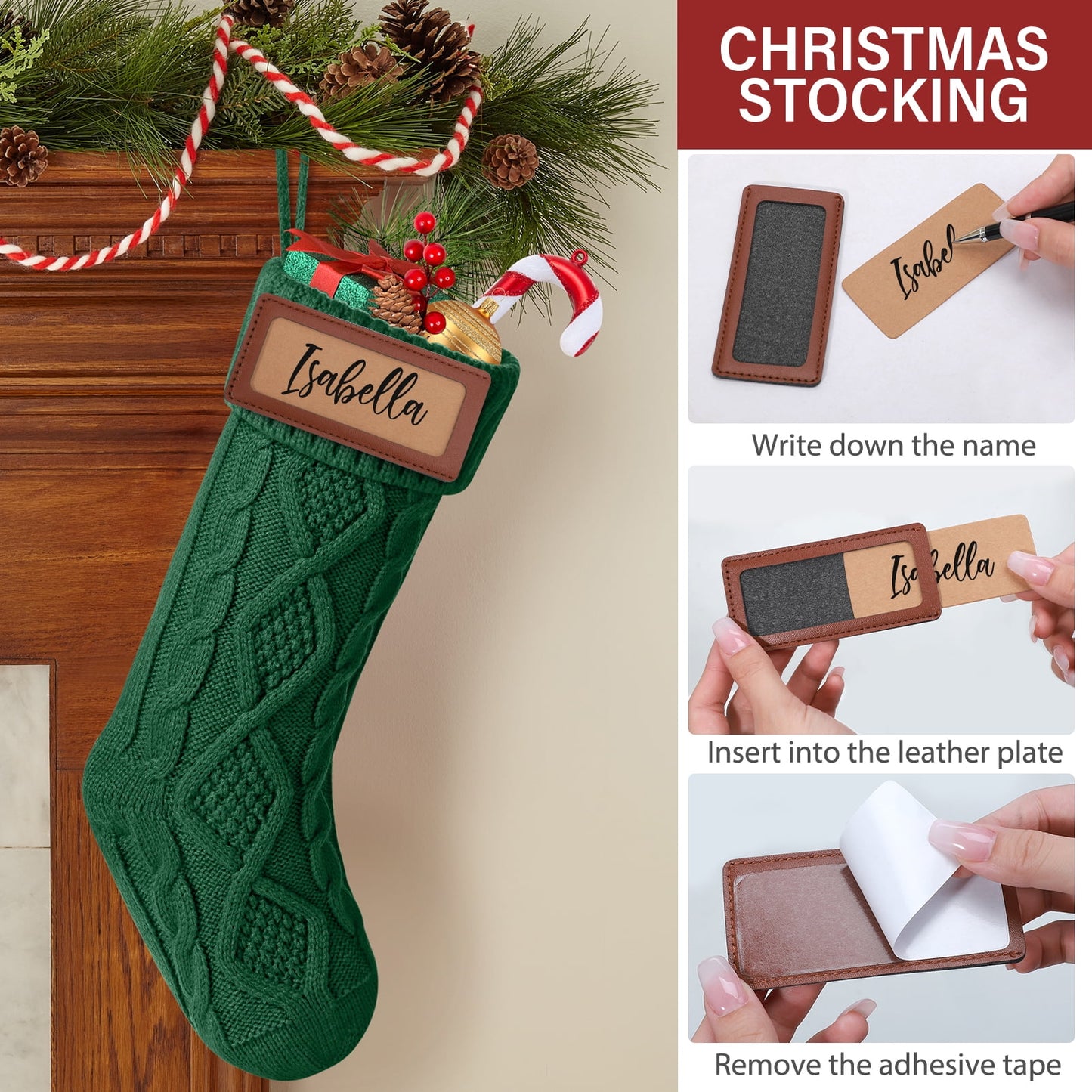 Ayieyill 6Pack Christmas Stockings, 17.7Inches Large Knitted Stocking Personalized Xmas Hanging Stocking Decorations with Name Leather Patches for Holiday Christmas Party Family Decor (Green Red)