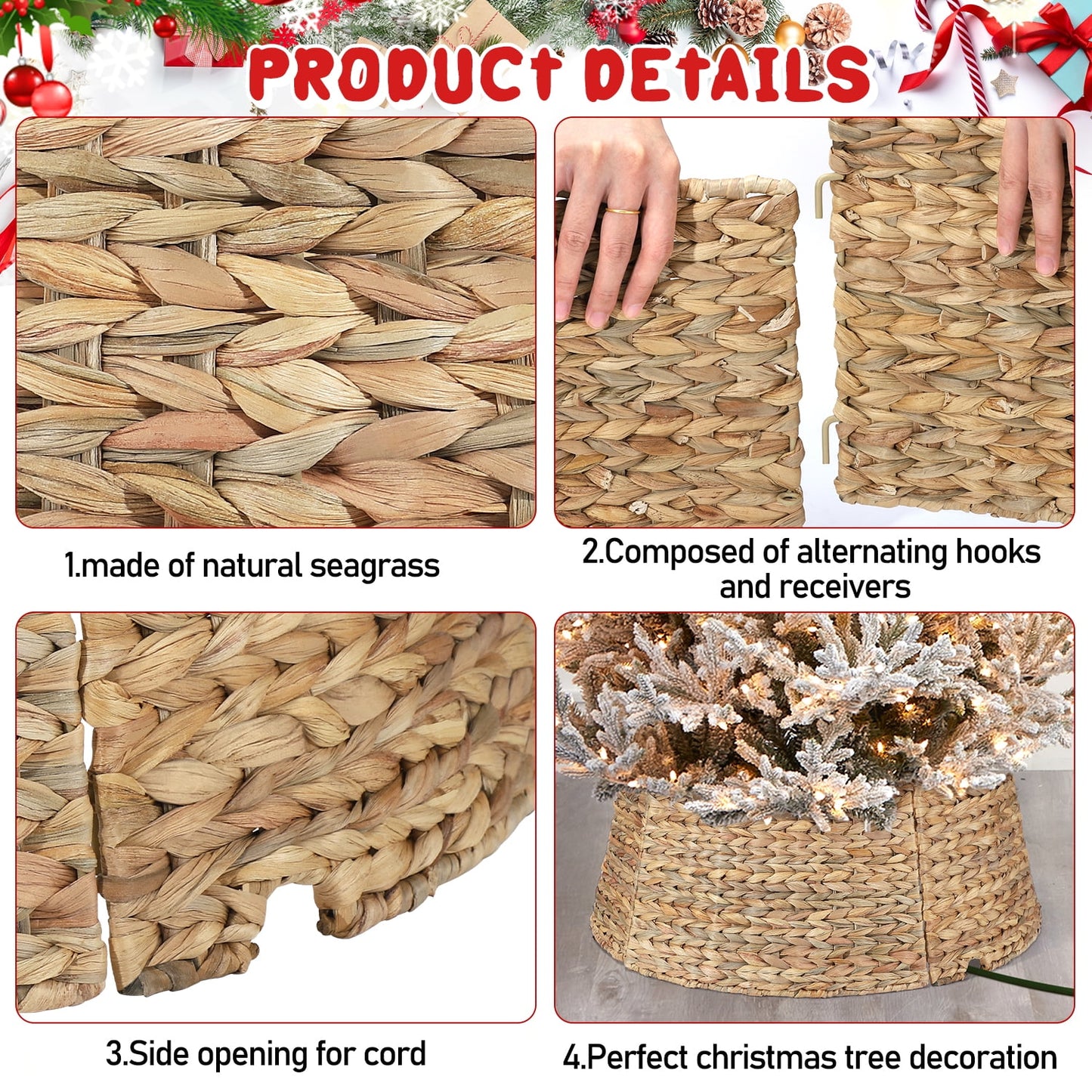 Ayieyill Woven Hyacinth Christmas Tree Collar, Christmas Tree Decorations, Tree Skirt Accessory w/ Cord Cut-Out | Natural