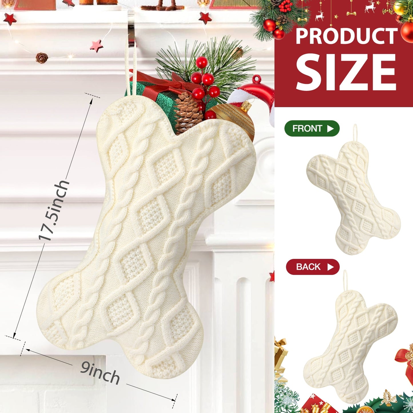 Ayieyill 18 Inch Dog Christmas Stocking, Bone Shape Stocking Christmas for Dog, Large Pet Stockings Hanging Christmas Decorations