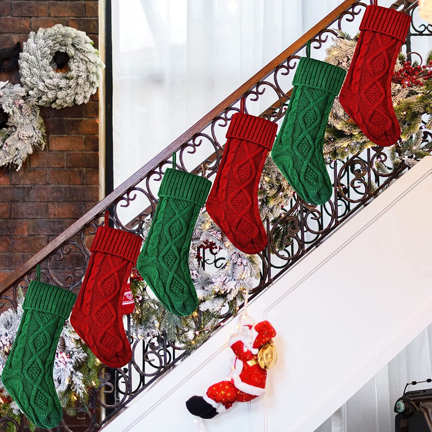 Ayieyill 6 Pcs Christmas Stockings Knitted Xmas Stockings Double-Sided 18 Inches Fireplace Stockings for Family Christmas Decorations