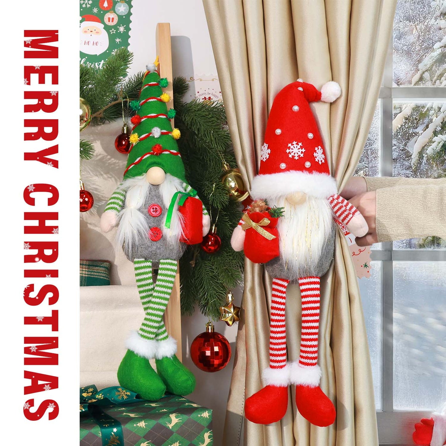 Ayieyill 2Pcs Christmas Elf Plush Dolls, 19" Buckle Curtain Christmas Ornaments Decor, Christmas Gnomes Cute Plush Toys Christmas Decorations Indoor