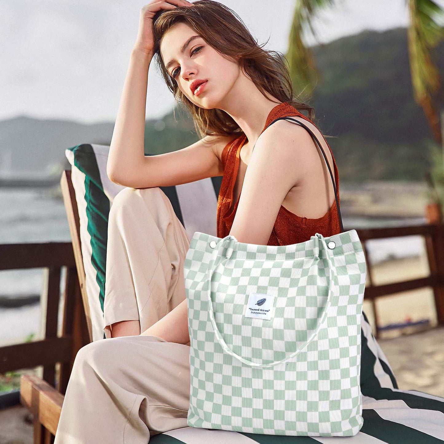 Ayieyill Corduroy Tote Bag Large for Women Girl Lady Canvas Shoulder Cord Purse and Handbags with Inner Pocket