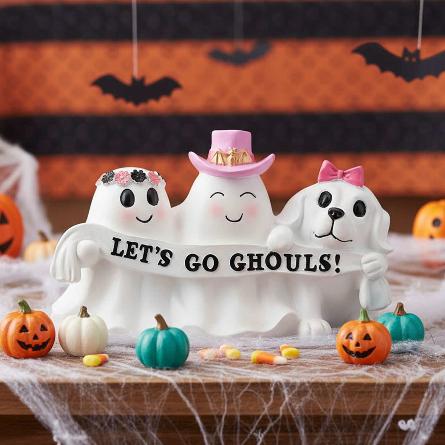 Ayieyill Halloween Ghost Decor, Resin Tabletop Halloween Indoor Decor, Pink Ghost Halloween Decor for Halloween Gift
