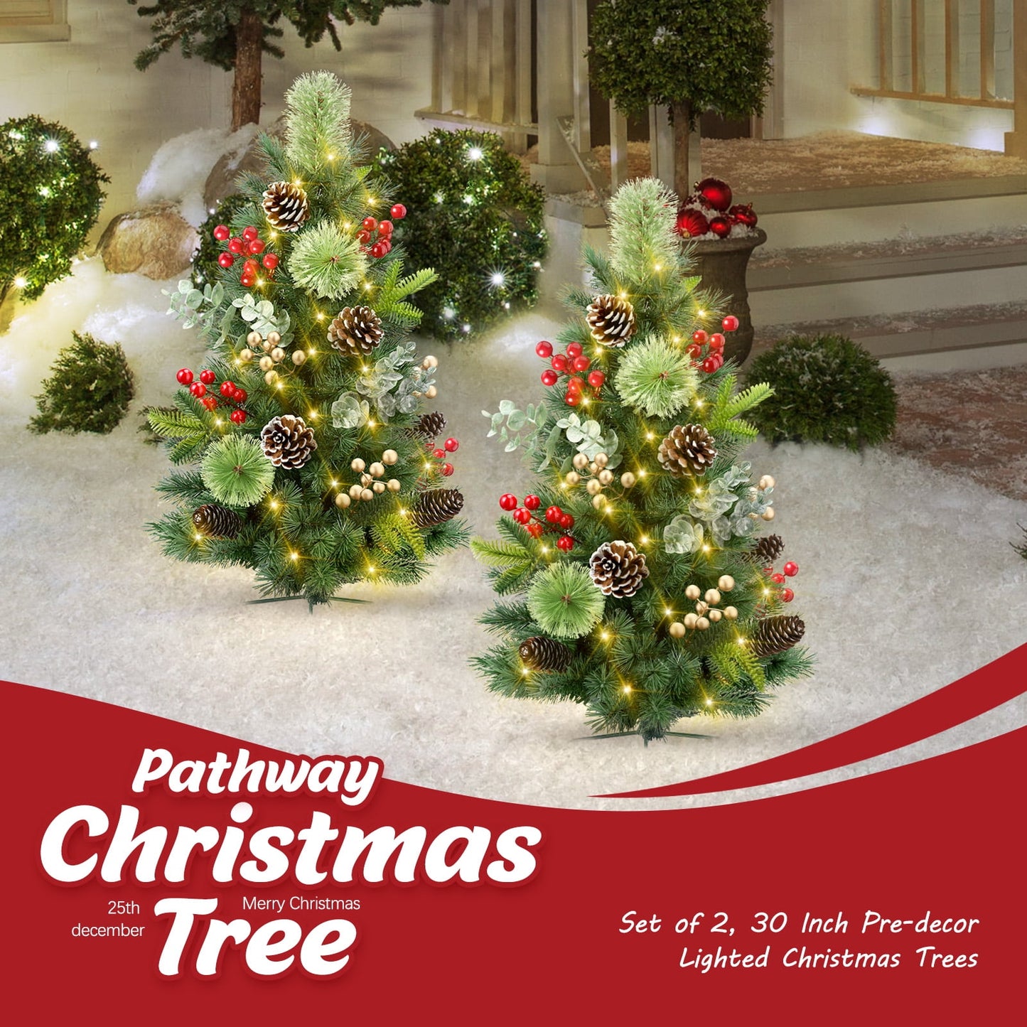 Ayieyill Set of 2 30in Pre-Lit Outdoor Pathway Christmas Trees Decor w/ Berries | Pine Cones | LED Lights for Porch, Yard, Garden