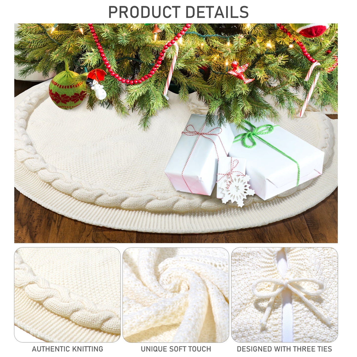 Ayieyill Christmas Tree Skirt, 48 inches White Tree Skirt Luxury Cable Knit Knitted Thick Rustic Xmas Tree Skirt Christmas Decoration, Cream