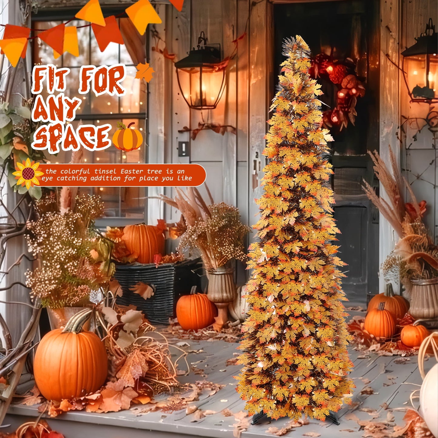 Ayieyill 5Ft Fall Tree Pop up Pencil Tree Collapsible Maple Tree for Indoor Outdoor Thanksgiving Decorations Autumn Harvest