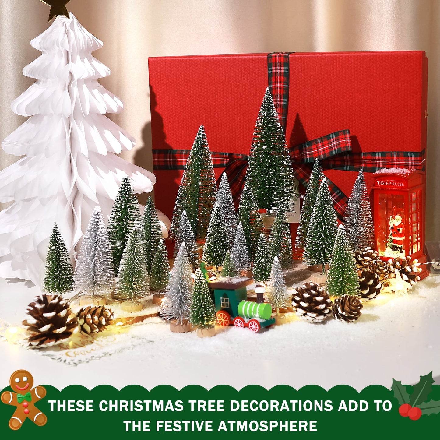 Ayieyill 35Pcs Mini Christmas Trees Bottle Brush Trees with Pine Cone Snow Powder, Christmas Village Sets