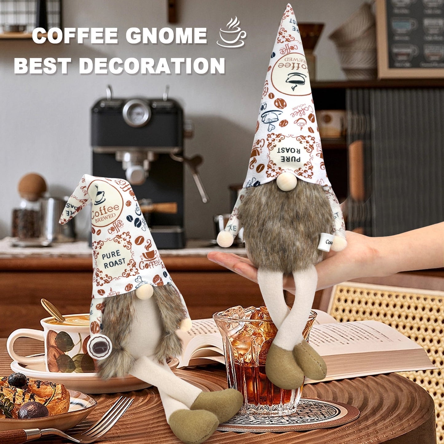 Ayieyill 2 Pcs Coffee Gnomes , Gnomes Plush Coffee Bar Decor, Handmade Swedish Gifts Figurines Plush Coffee Table Gnome Decoration (Brown)