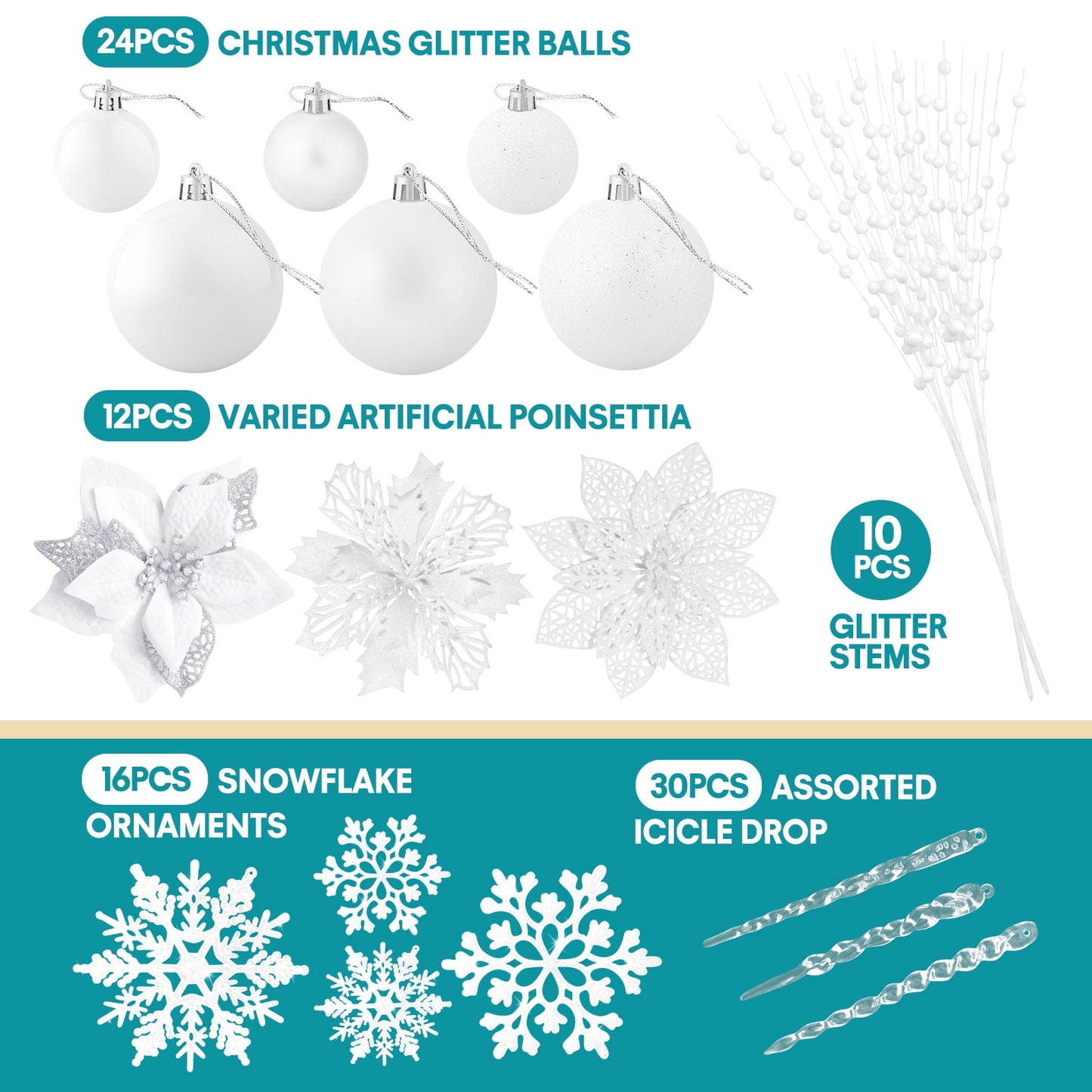 Ayieyill 92Pcs Christmas Tree Decorations Includes Poinsettia Christmas Flowers, Ball Ornaments, Artificial Glitter Berry Stems, Snowflake and Icicle Drop Crystal Ornaments