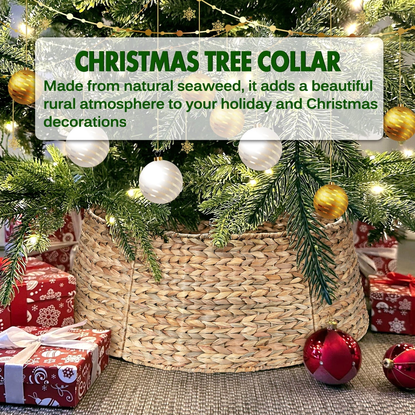 Ayieyill Woven Hyacinth Christmas Tree Collar, Christmas Tree Decorations, Tree Skirt Accessory w/ Cord Cut-Out | Natural