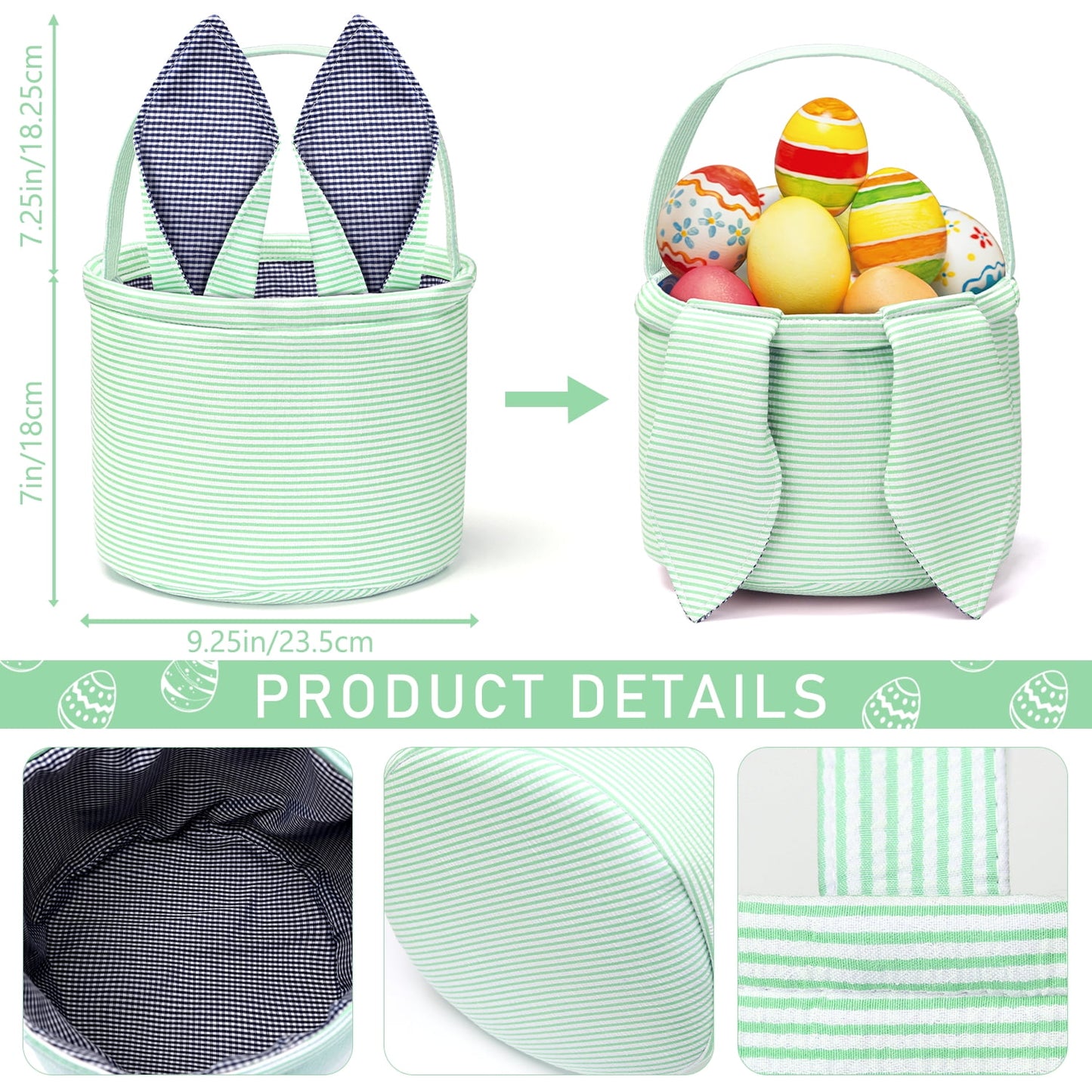 Ayieyill Easter Basket, Easter Bunny Baskets for Kids with Cute Rabbit Ears Stripe, Easter gift baskets