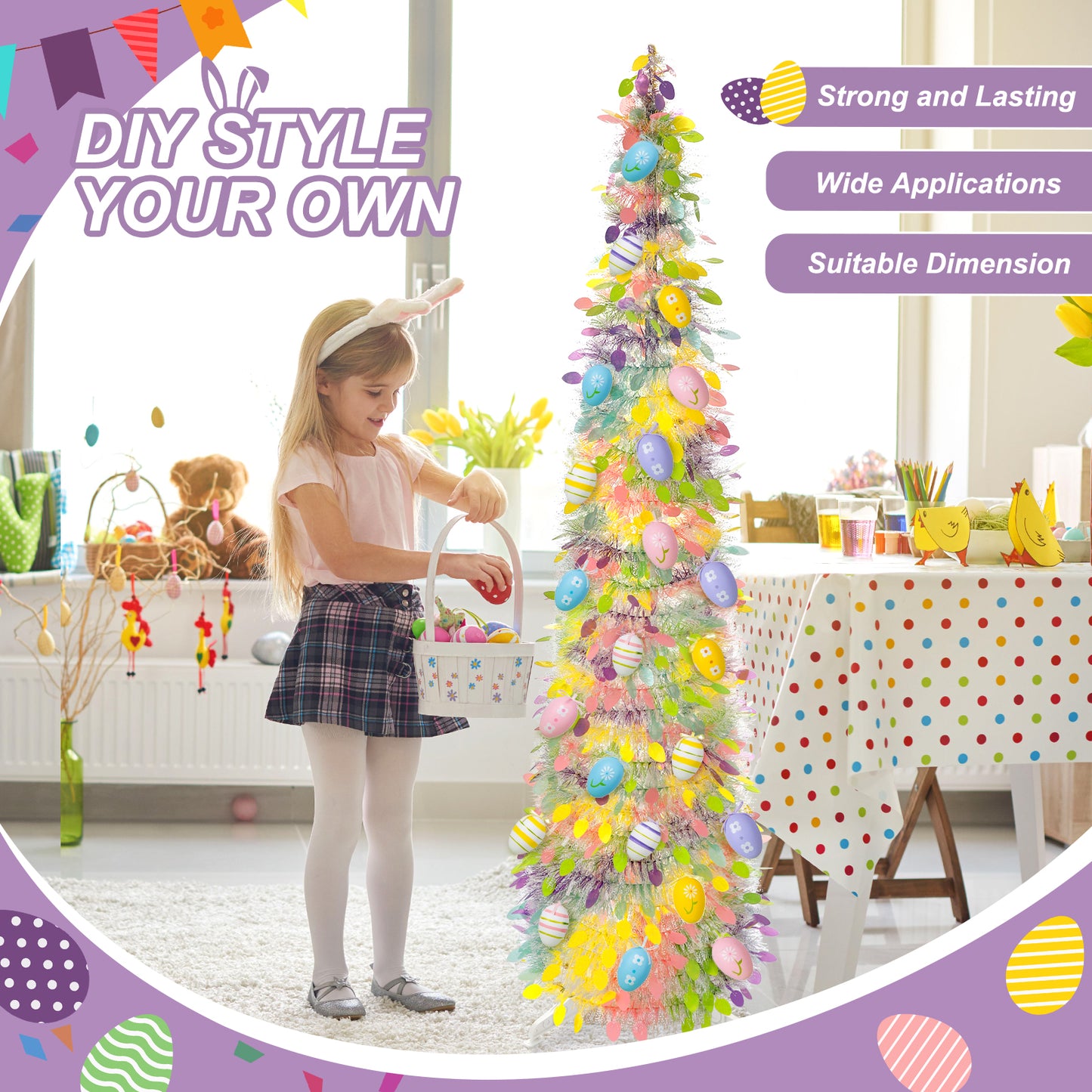 Ayieyill 5 ft Easter Trees Decorations,Tinsel Easter Trees Pop up Artificial Pencil Trees, Collapsible Easter Trees