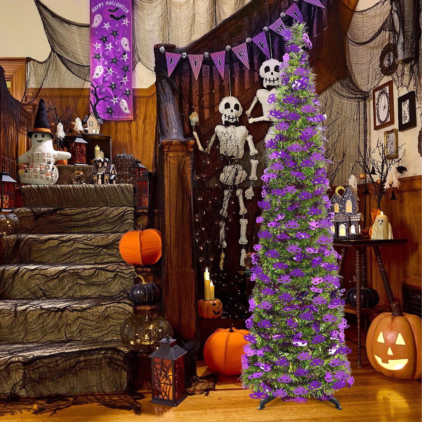 Ayieyill 5ft Halloween Tree Prelit, Pencil Pop up Tree with Light Halloween Decoration | Indoor