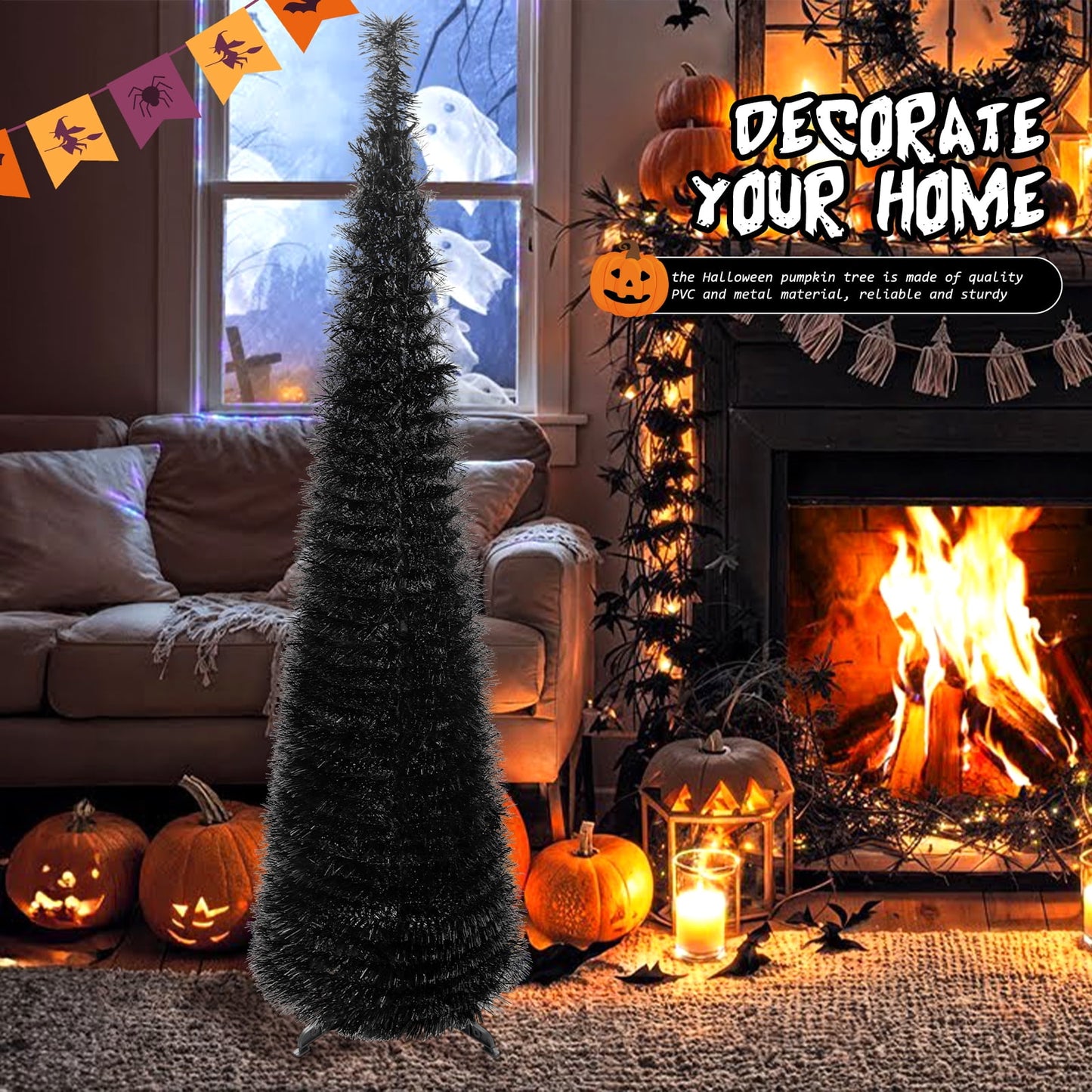 Ayieyill 5ft Halloween Tree Prelit, Pencil Pop up Tree with Light Halloween Decoration | Indoor