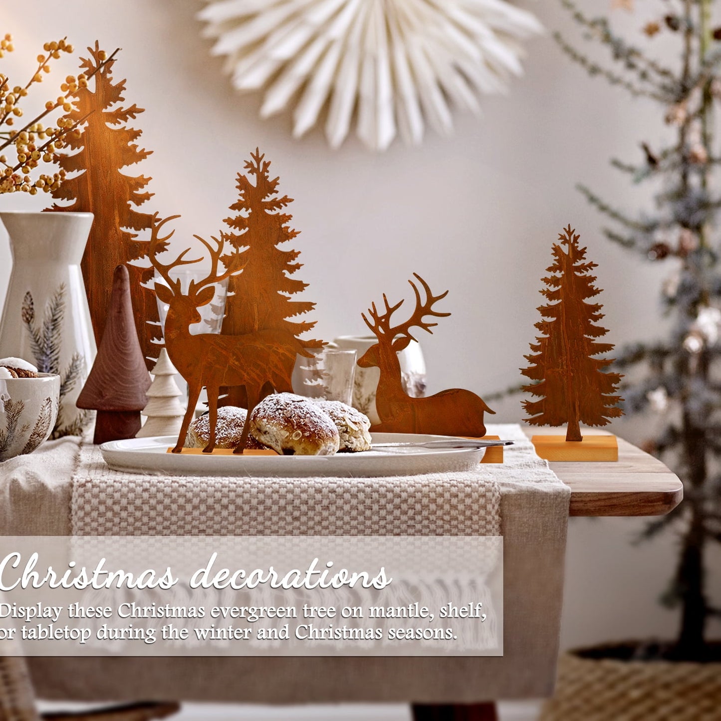 Ayieyill Christmas Tabletop Decorations Indoor, 5pcs Tree and Reindeer Rustic Christmas Decor