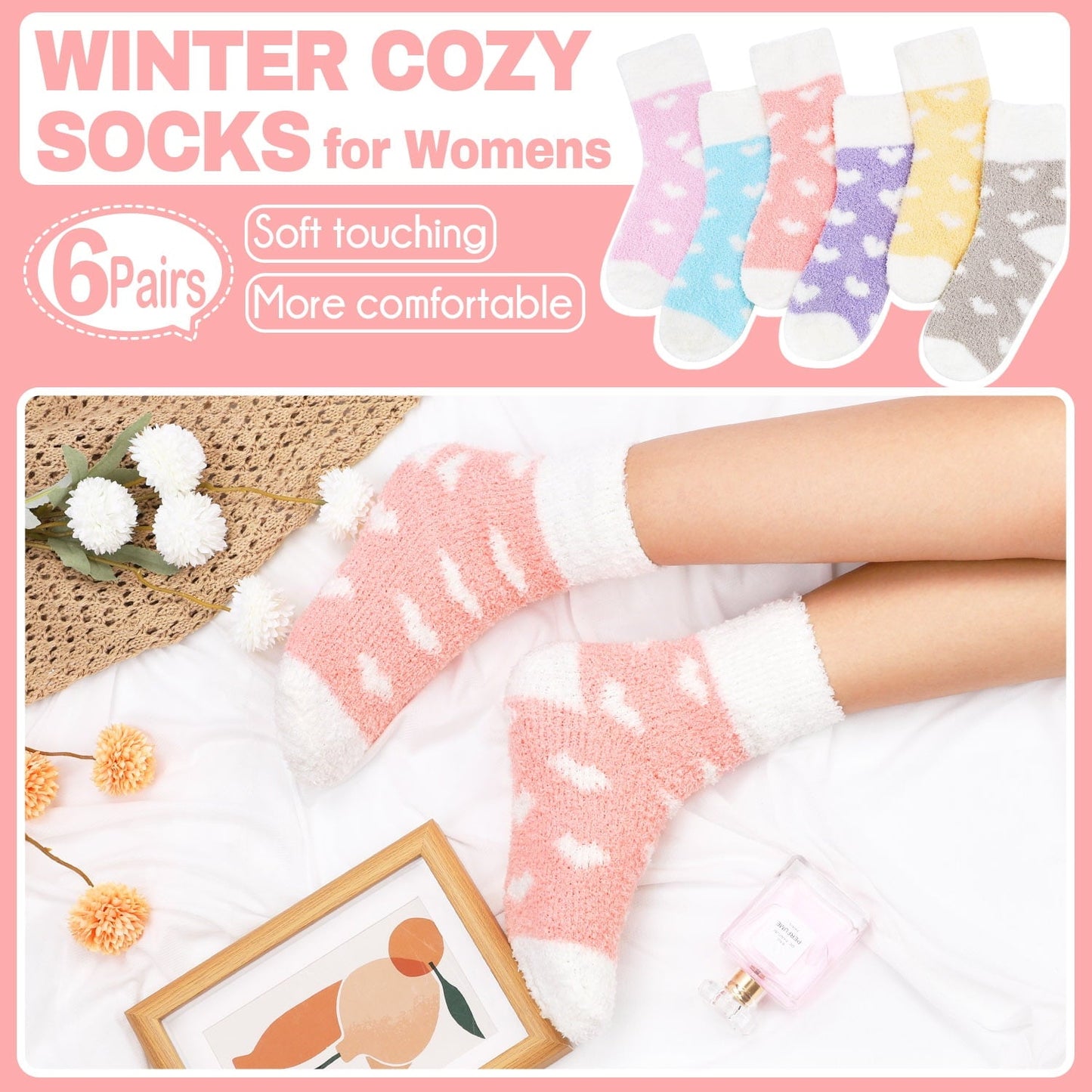 Ayieyill Fuzzy Socks for Women, 6 Pairs Plush Slipper Socks Women, Warm Soft Fluffy Socks Thick Cozy Plush Sock Winter Christmas Socks for Women
