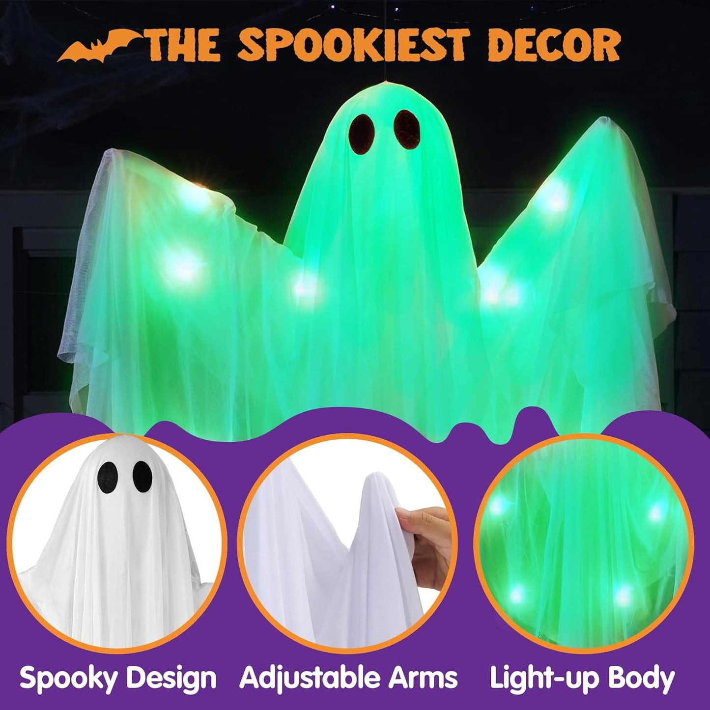 Ayieyill Halloween Ghost Decor with Blue LED Light, 47” Light up Hanging Ghost Halloween Yard Porch Decorations Outdoor
