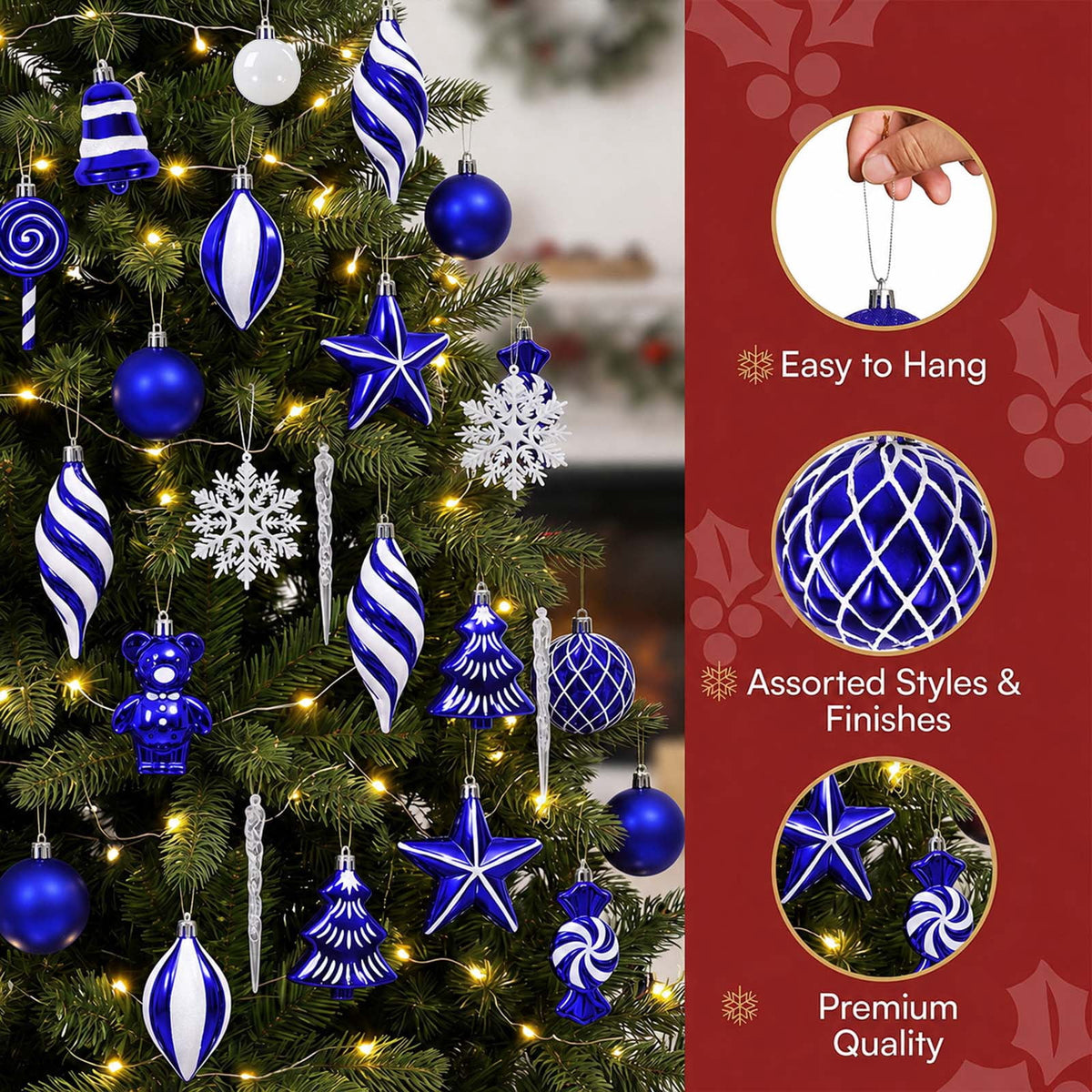 Ayieyill 40ct Christmas Ball Ornaments, Candy Cane Christmas Ornament Set, Shatterproof Christmas Ball with Rope for Tree