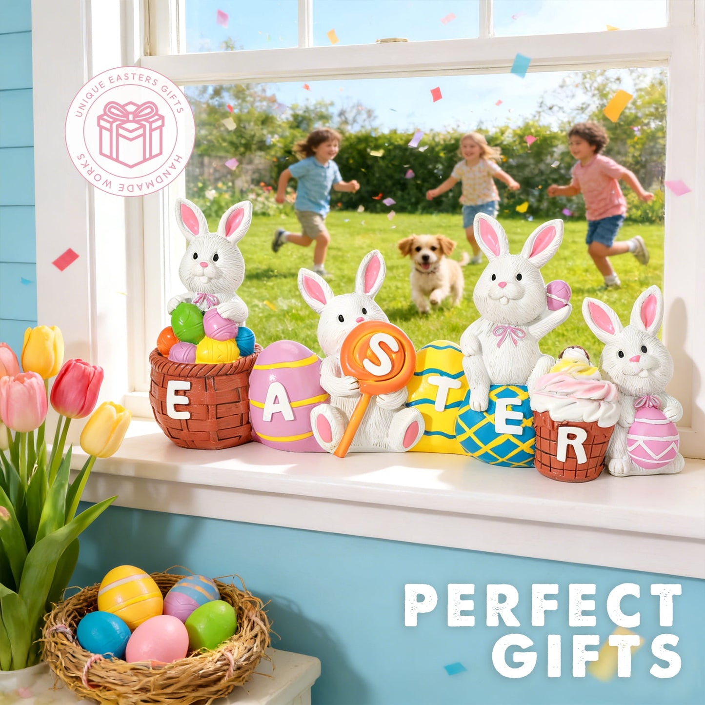 Ayieyill Easter Decor Bunny Eggs, Cute Spring Resin Bunny Figurines Tabletop for Easter Holiday Decoration