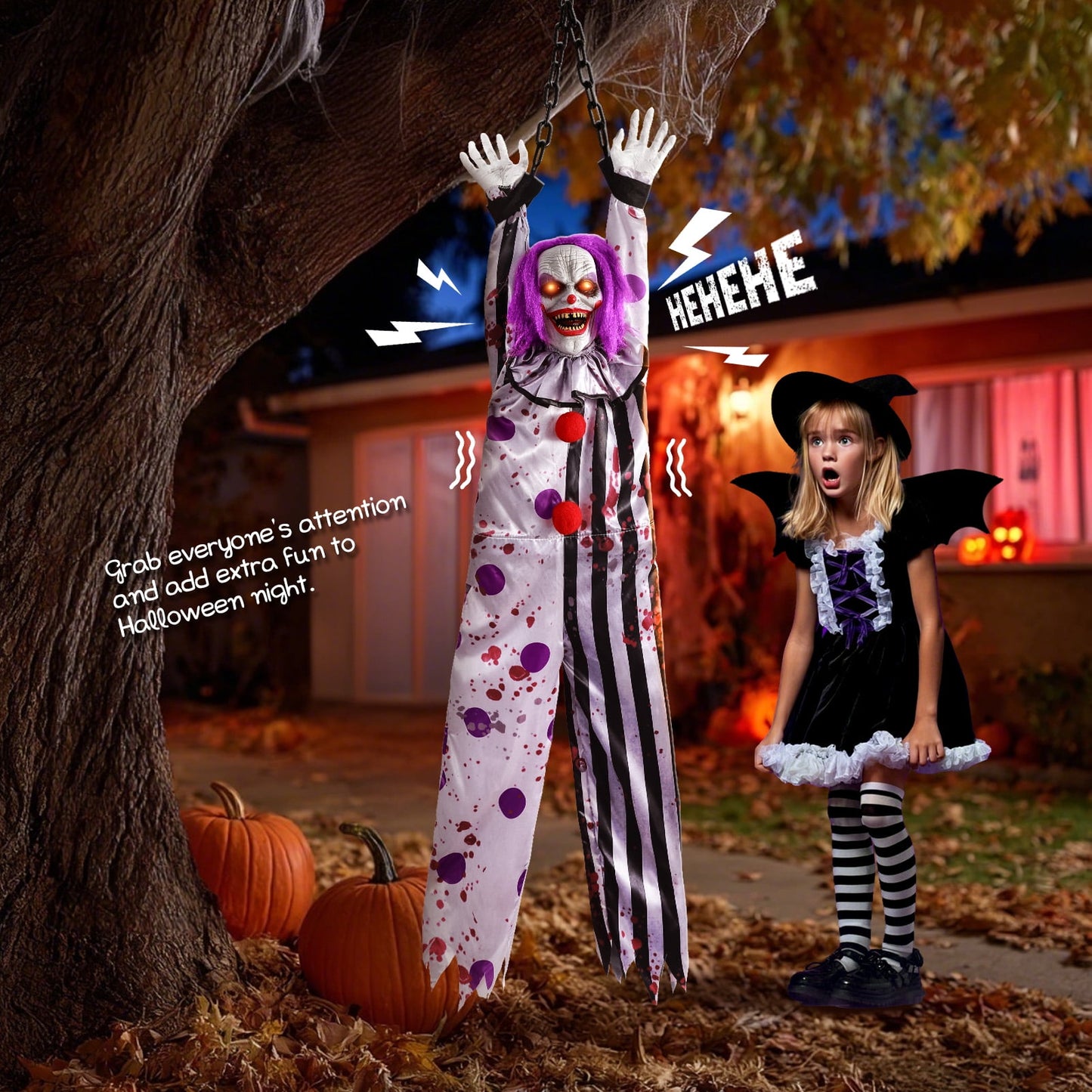 Ayieyill 59in Halloween Animatronics, Hanging Halloween Clown Sound Sensor, Scary Halloween Decorations  Outdoor, Haunted House Prop