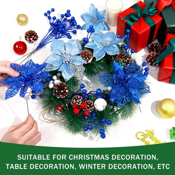 Ayieyill 56Pcs Poinsettia Christmas Flowers Decorations Christmas flower ornaments Artificial Glitter Berry Stems Christmas Pine Cones Christmas Tree Ornaments Set Christmas Tree Decorations