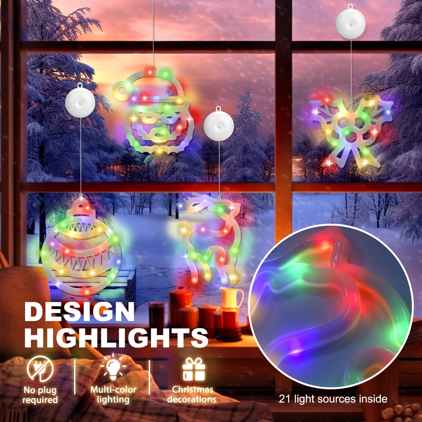 Ayieyill Christmas Window Decorations Lighted Indoor, Christmas Window Clings with Suction Cup | 4 Pcs