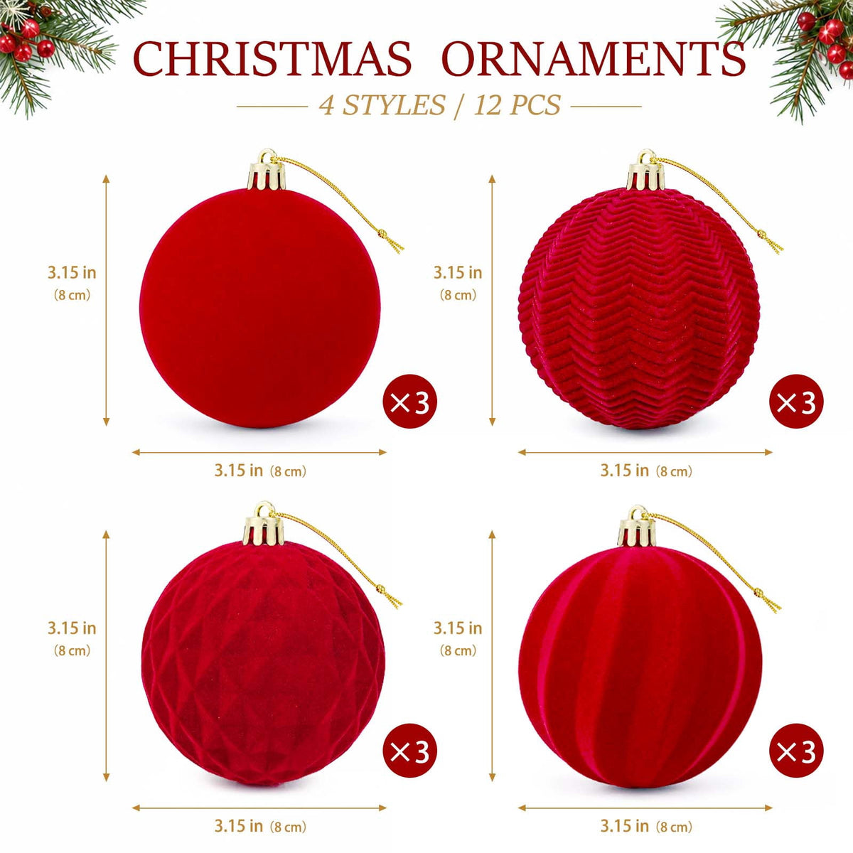 Ayieyill 12 Pack Christmas Ball Ornaments, Flocked Christmas Tree Ornaments, Christmas Hanging Ornaments for Christmas Decorations Indoor