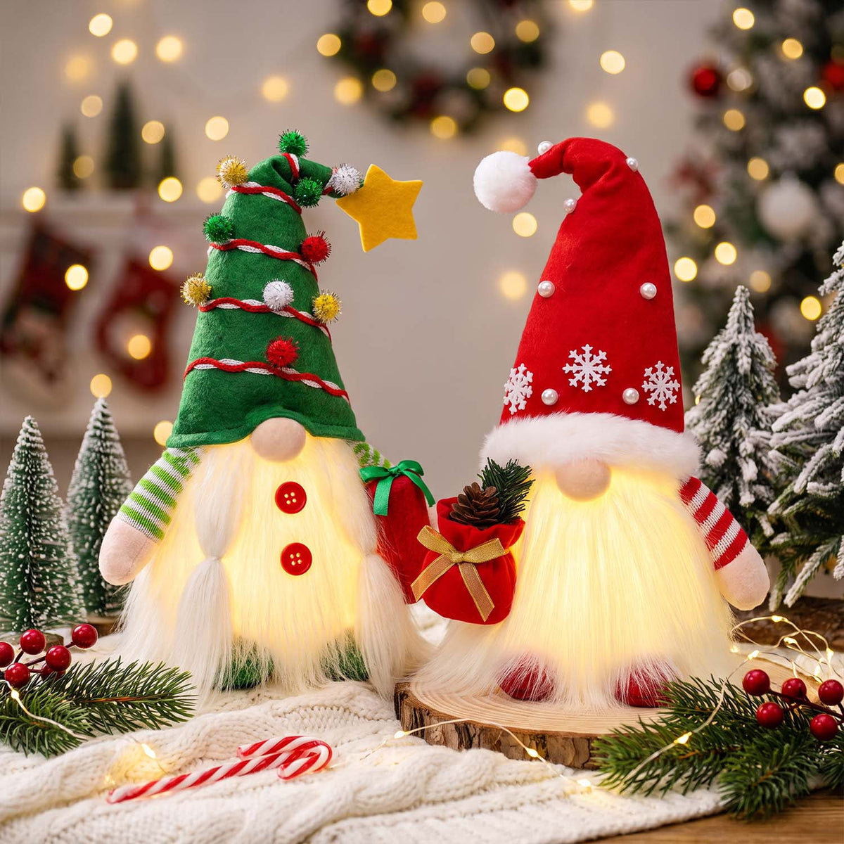 Ayieyill Lighted Christmas Gnomes Plush, Handmade Swedish Tomte Holiday Gnome Figurines, Gnome Christmas Decorations 2 Set