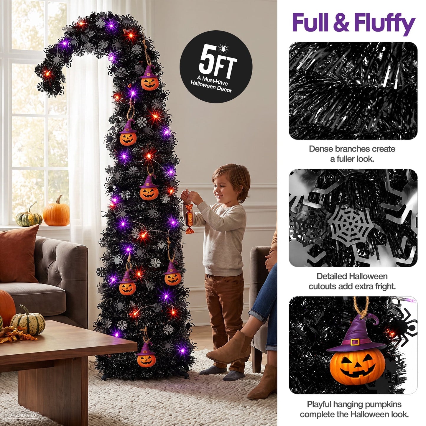 Ayieyill 5ft Pop up Black Halloween Tree, Collapsible Pencil Tree with Spider Web Decor Halloween Decorations