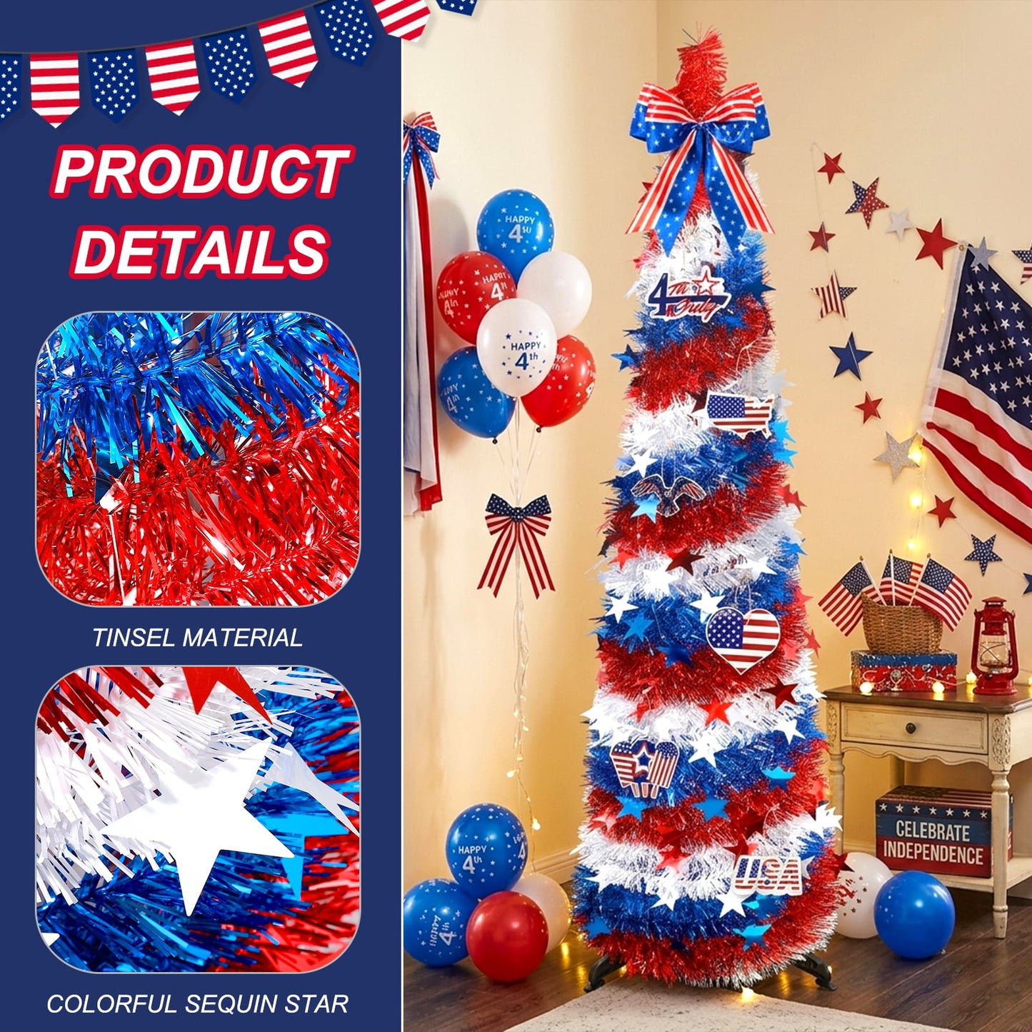 Ayieyill 4th of July Decor Patriotic Decorations, 5ft Patriotic Tree Independence Day Tree, Pop Up American Tree for Memorial Day & Veterans Day Decor Indoor