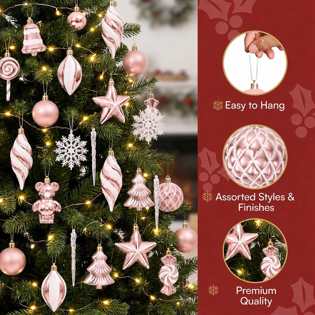 Ayieyill 40ct Christmas Ball Ornaments, Candy Cane Christmas Ornament Set, Shatterproof Christmas Ball with Rope for Tree